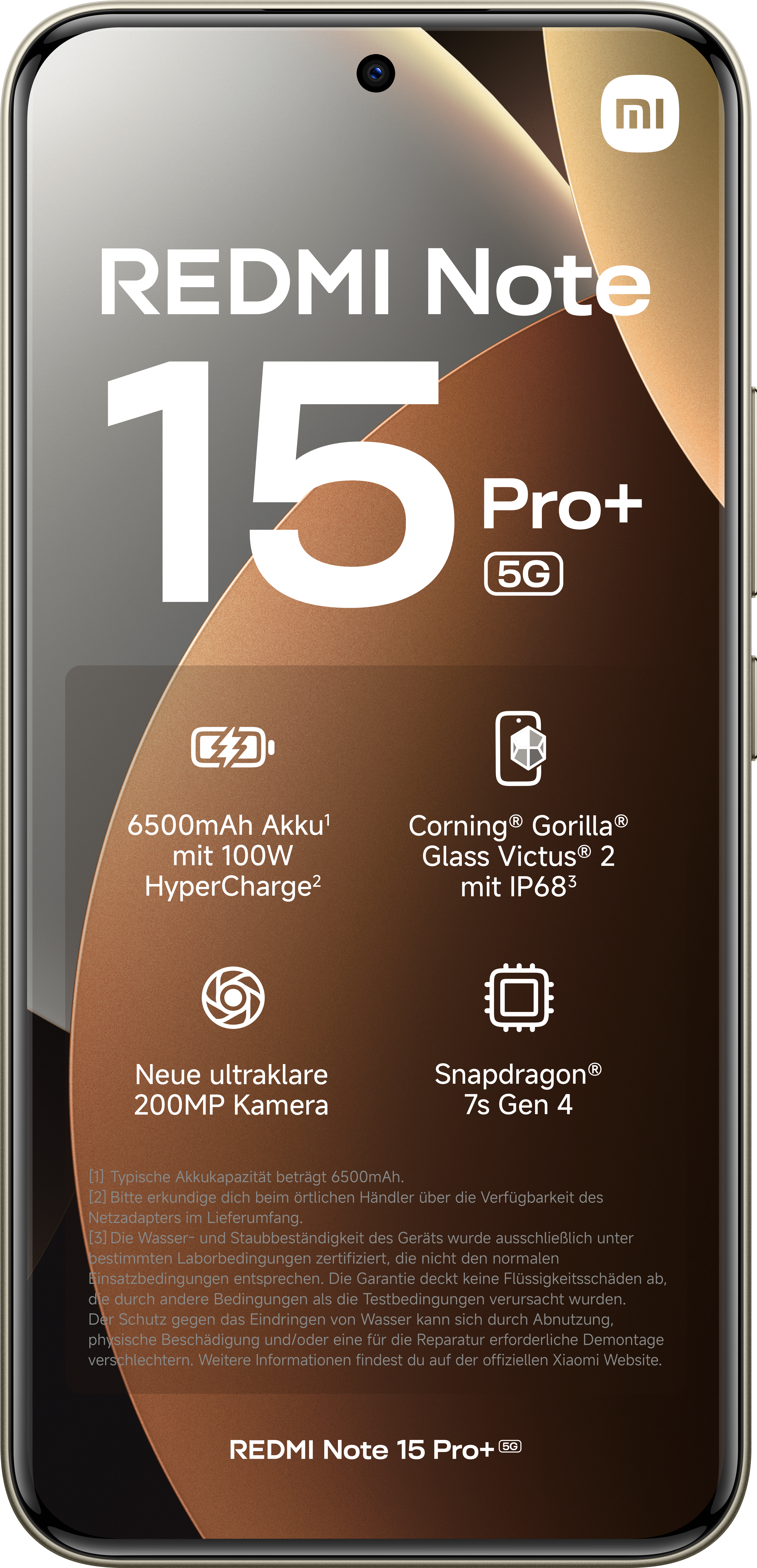 Redmi Note 15 Pro+ 5G Telefon. Merkmale: 6500mAh Akku, 200MP Kamera und Snapdragon 7s Gen 4.