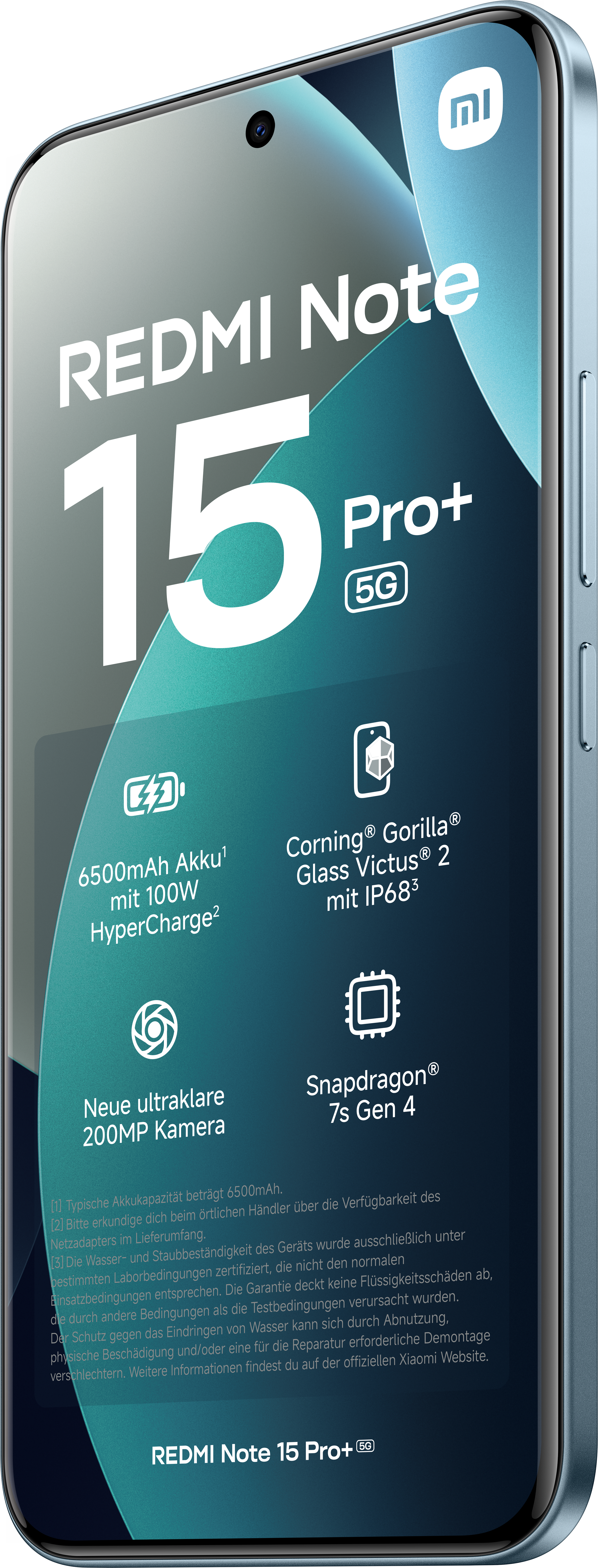 Redmi Note 15 Pro+ 5G-Telefon. Funktionen umfassen Kamera, Akku und Snapdragon-Prozessor. Blauer Farbverlauf im Hintergrund.