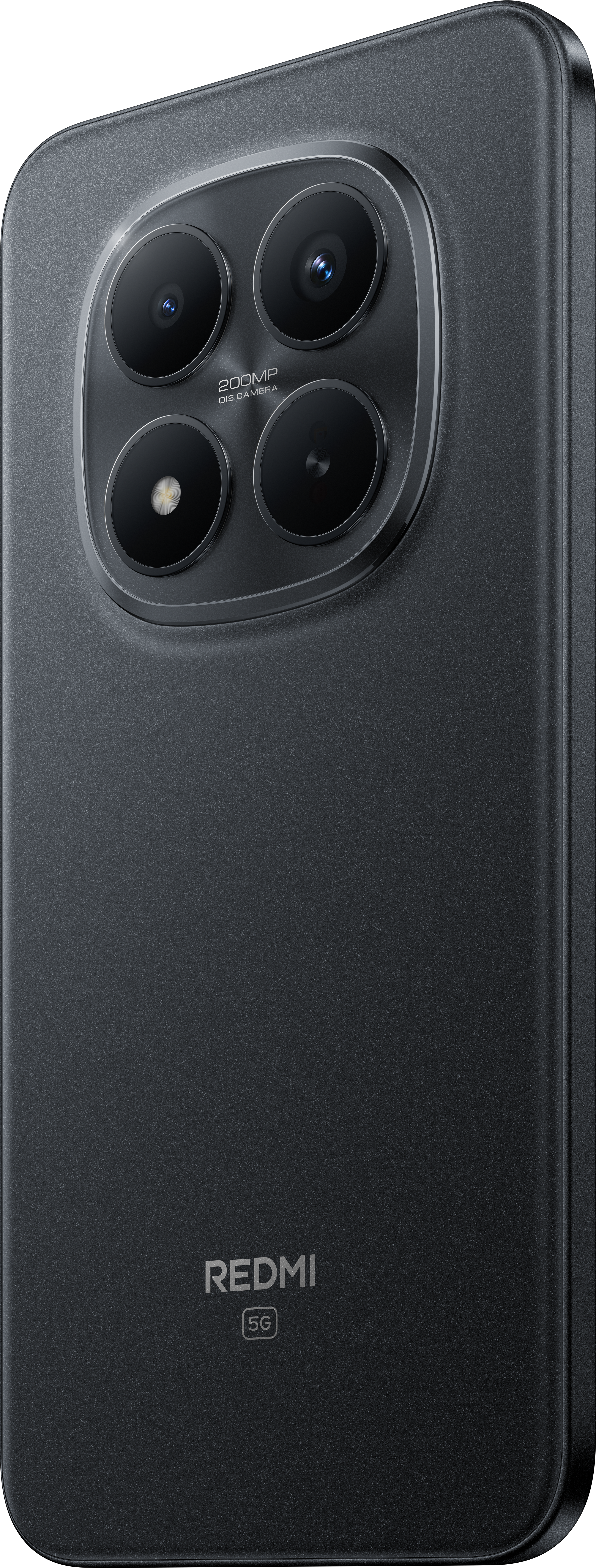 Retro del smartphone nero con array di fotocamere. Logo Redmi e marchio 5G visibili. Quattro lenti presenti.