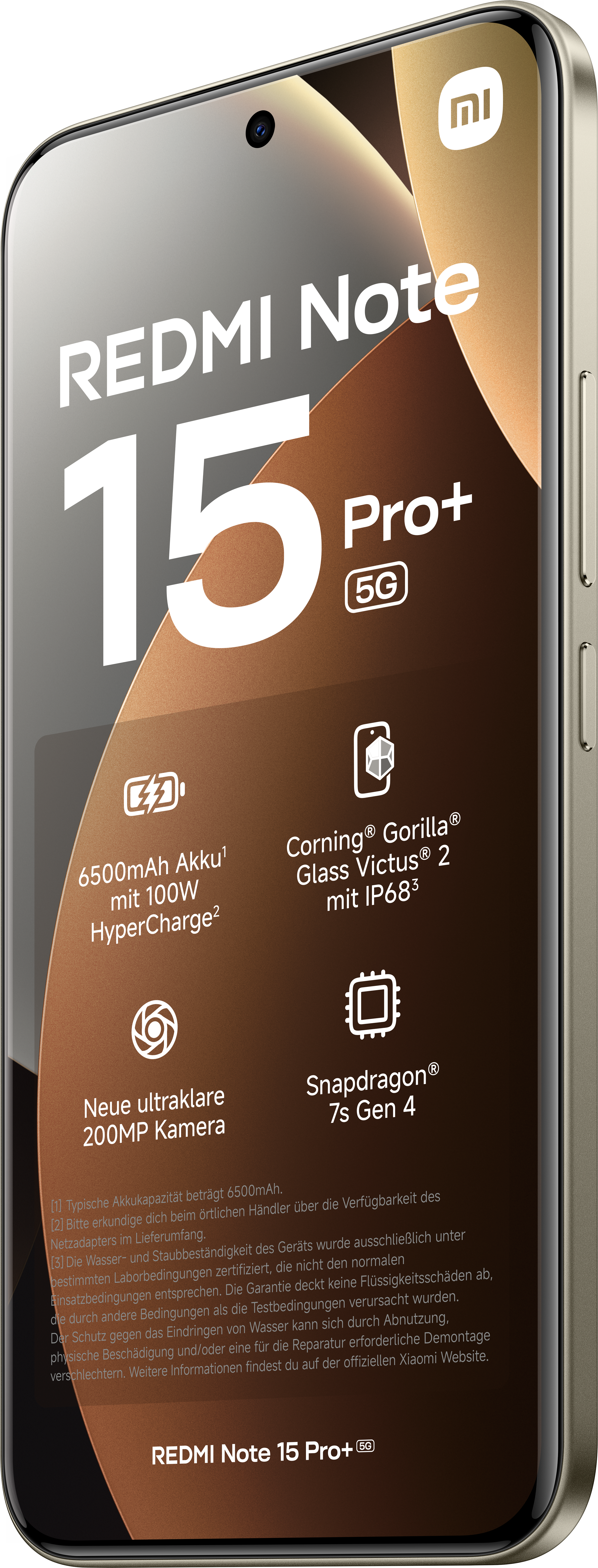 Redmi Note 15 Pro+ 5G-Handy. Zu den Merkmalen gehören eine 200MP-Kamera, Snapdragon 7s Gen 4 und 6500mAh Akku.