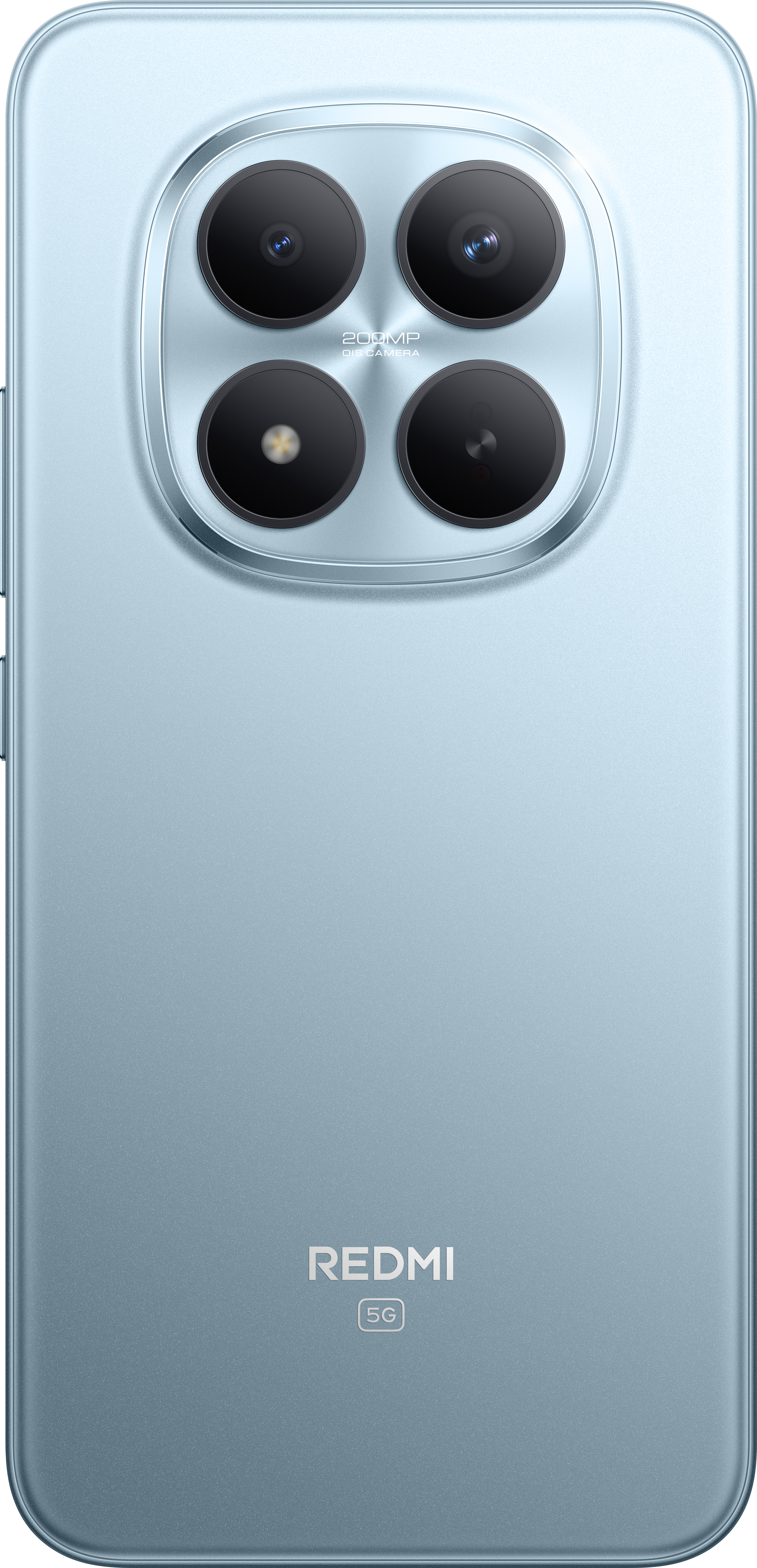 Rückseite eines hellblauen Smartphones mit vier Kameralinsen und einem Redmi-Logo. Das Telefon ist 5G-fähig.