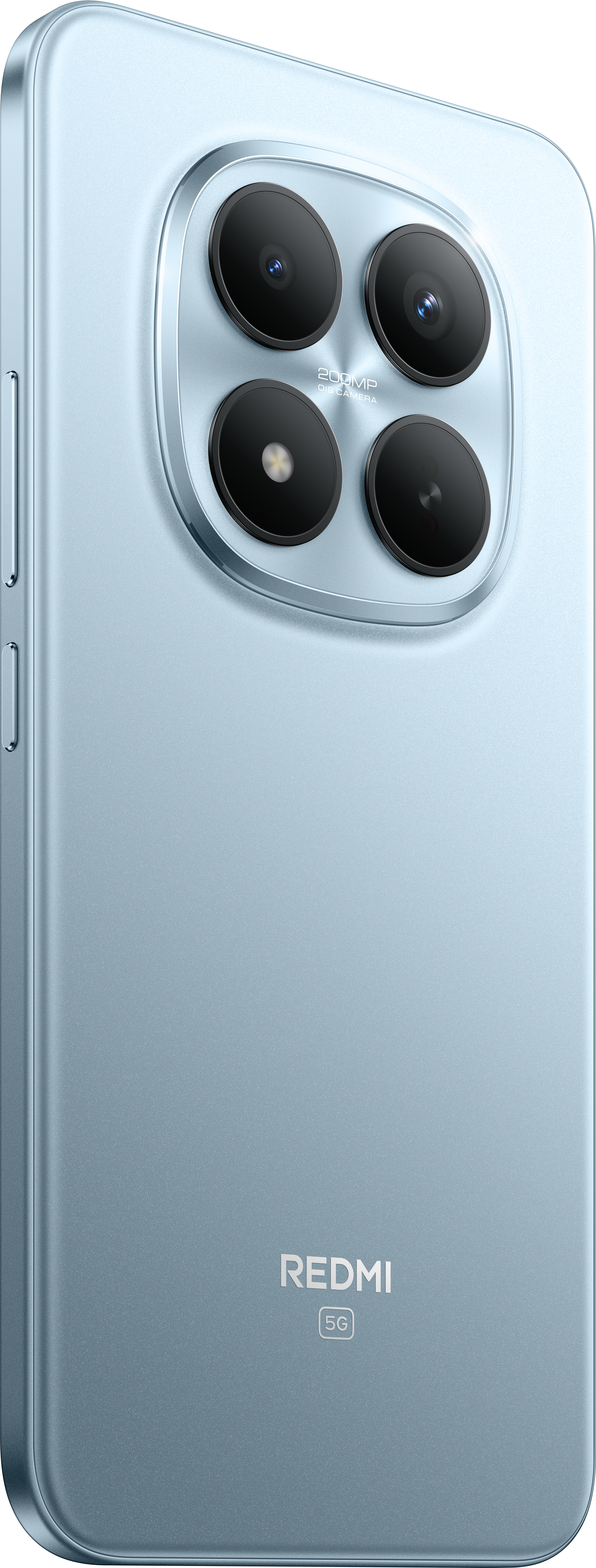 Rückseite eines hellblauen Smartphones mit Quad-Kamera-Setup. Das Telefon hat das Redmi-Logo und die 5G-Kennzeichnung.