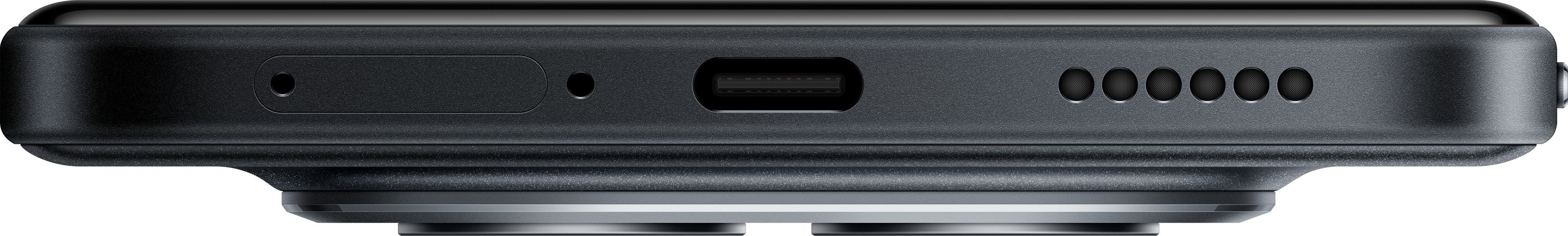 Primo piano del bordo di un dispositivo nero. Include una porta, fori e un microfono. Il fondo ha un anello argentato.