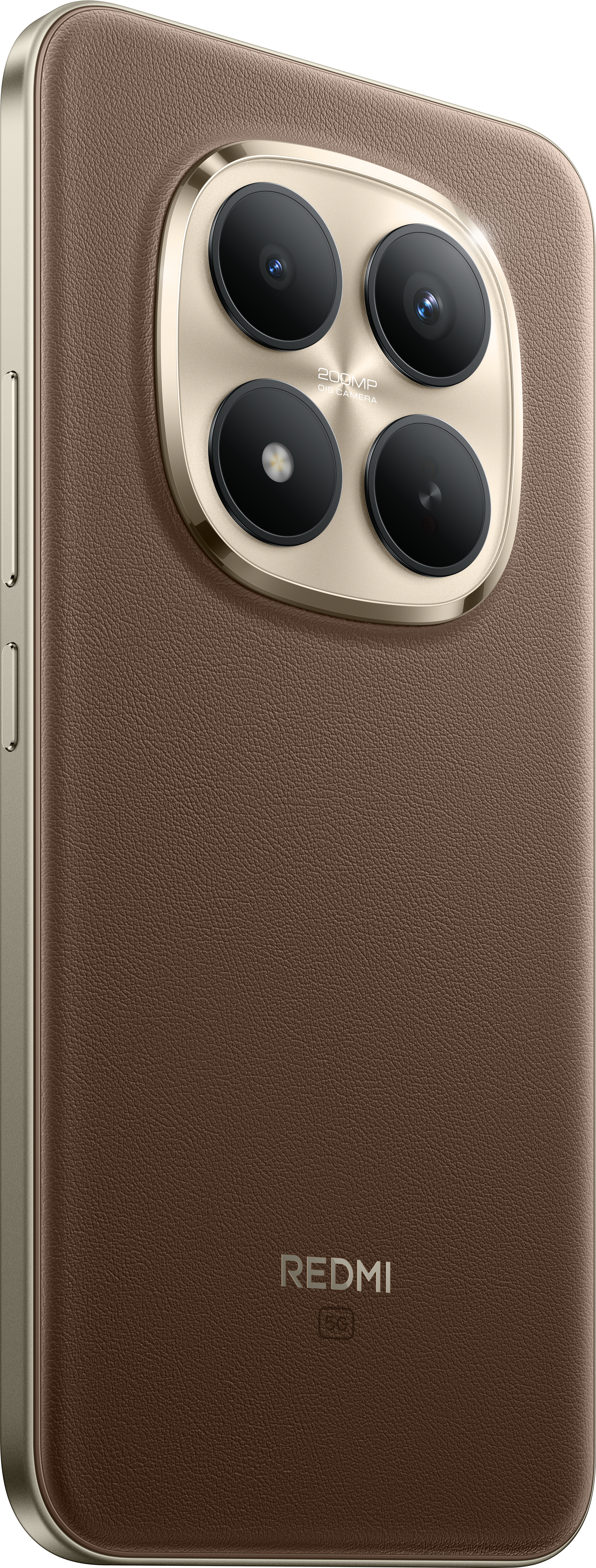 Braune lederartige Telefonrückseite mit goldenem Kameraring. Vier schwarze Kameralinsen und Redmi-Logo.