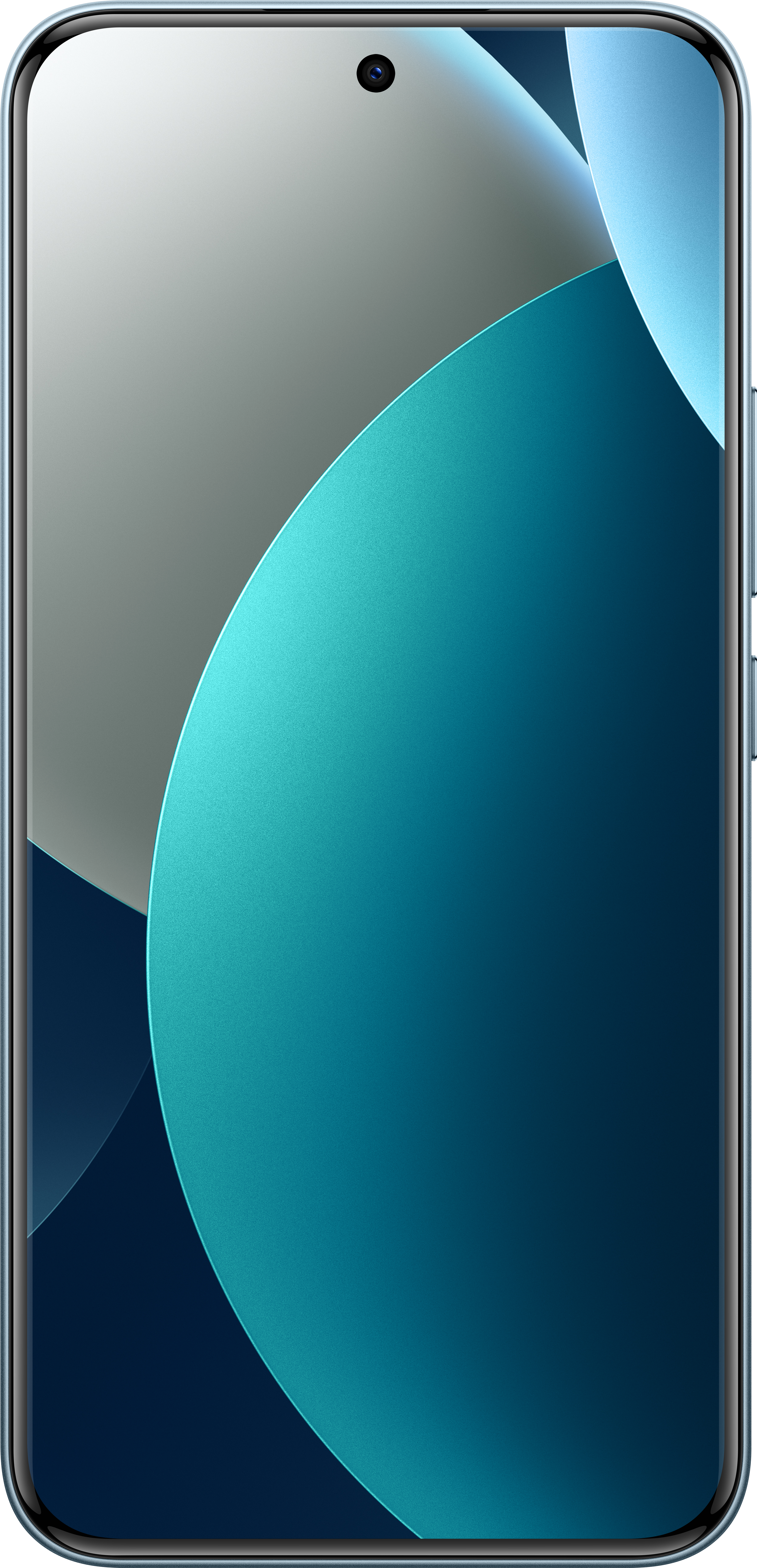Ein Smartphone-Bildschirm zeigt abstrakte blaue und graue Formen. Das Telefon hat einen schwarzen Rahmen und eine Kamera oben.