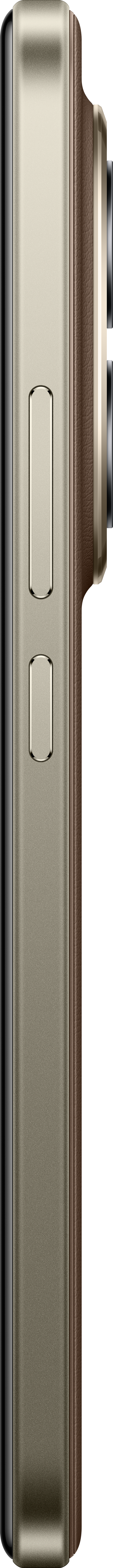Seitenansicht eines Smartphones. Es hat einen goldenen Rahmen, eine braune Lederseite und zwei Knöpfe. Die Kamera ist rechts.