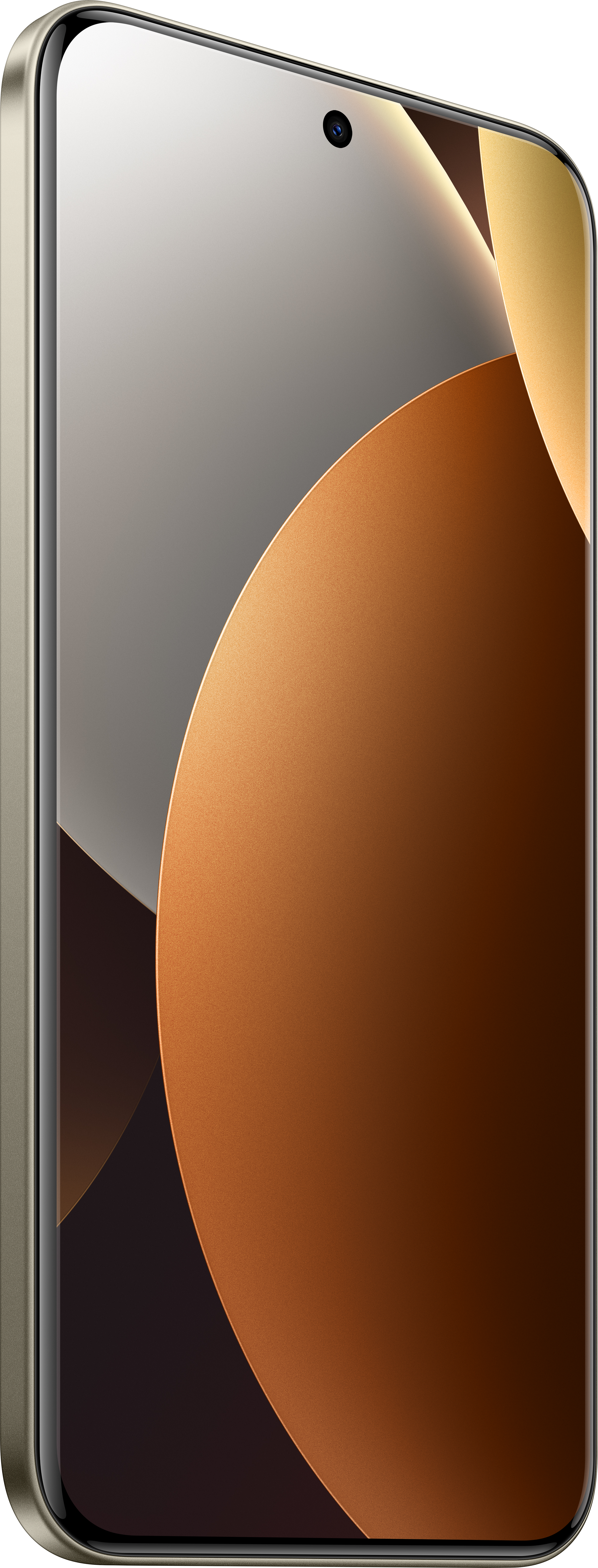 Ein Smartphone mit gebogenem Bildschirm. Es hat einen goldenen Rahmen und eine Kamera. Der Bildschirm zeigt ein braunes und graues abstraktes Design.