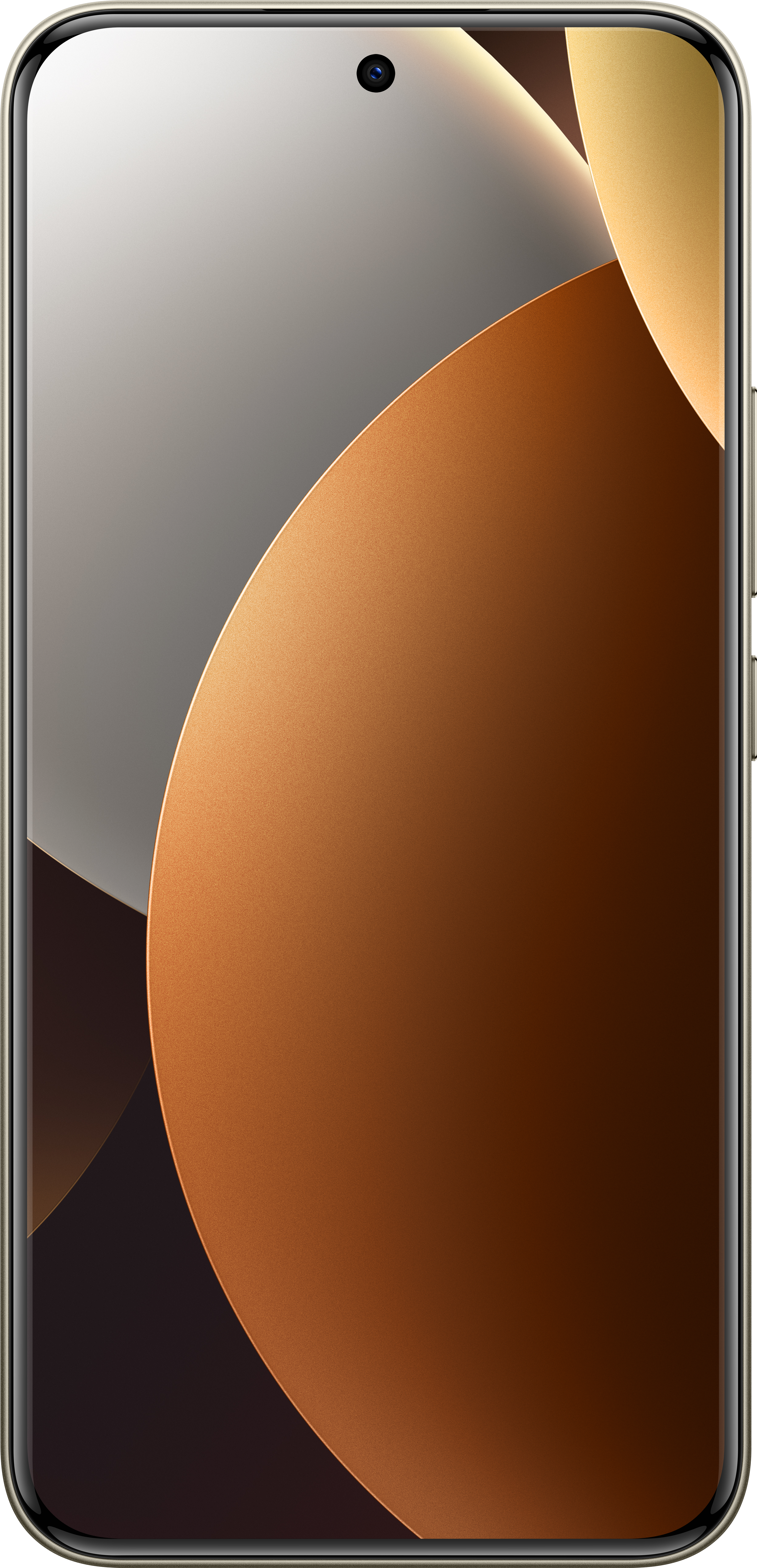 Ein Smartphone-Bildschirm zeigt ein abstraktes Design mit geschwungenen Formen in Braun-, Gold- und Grautönen.