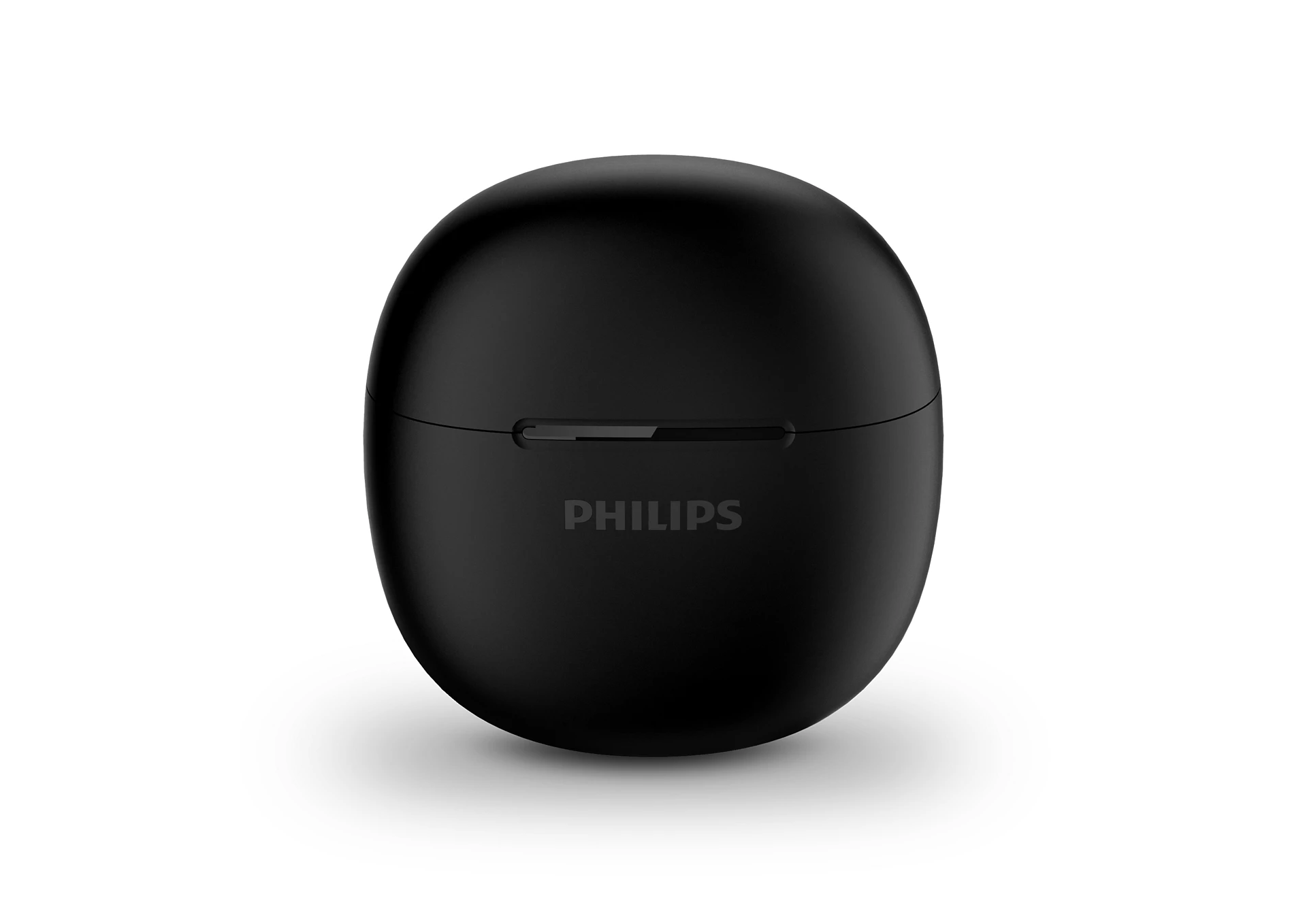 Siyah, oval bir Philips kulaklık şarj çantası. Çanta kapalıdır. Philips logosu görünür.