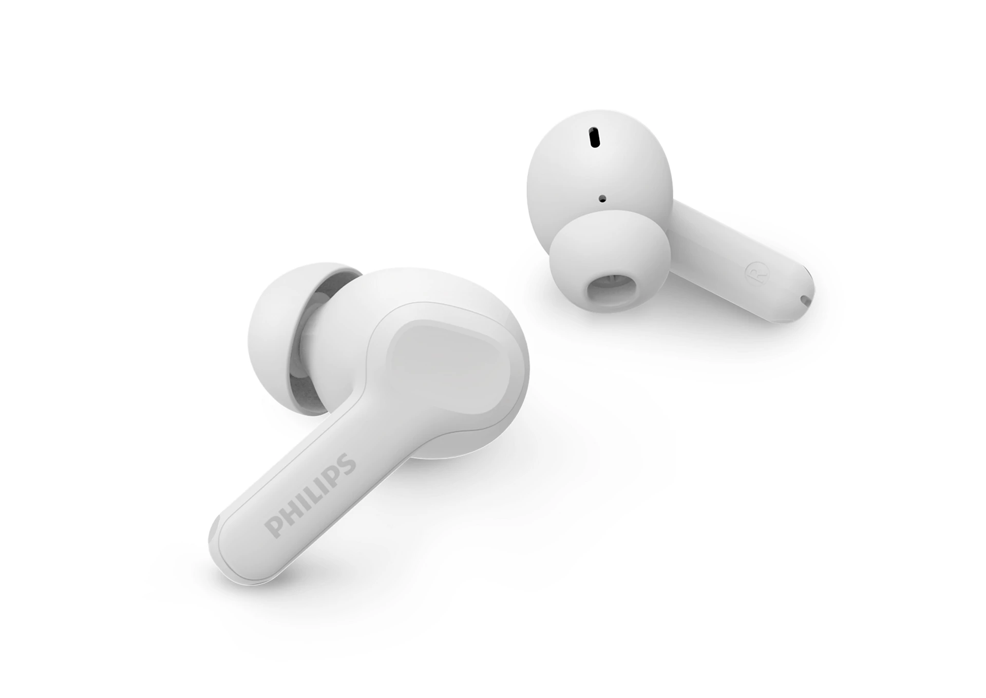Beyaz bir yüzey üzerinde iki beyaz Philips kulaklık. Biri açılı, diğeri dik. Logo görünür durumda.