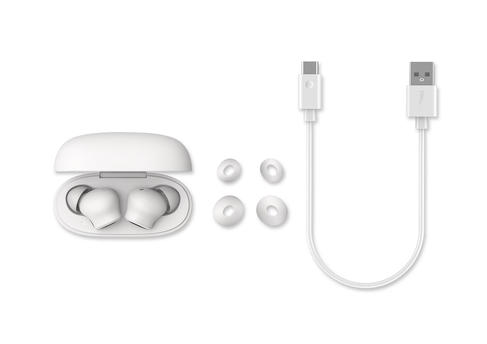 Beyaz kulaklıklar çantada, yedek uçlar ve şarj kablosu beyaz arka planda. Kulaklıklar Philips markasıdır.