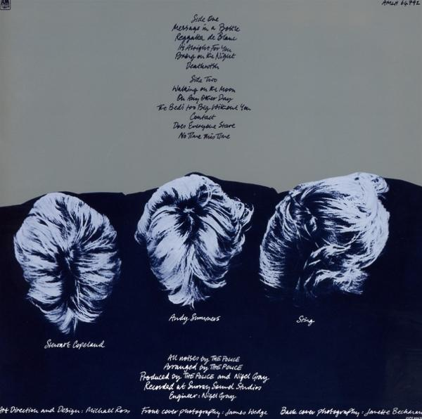 Pochette d'album avec trois têtes stylisées. Le texte répertorie les titres des chansons et les crédits : The Police, producteurs, ingénieurs et photographes.