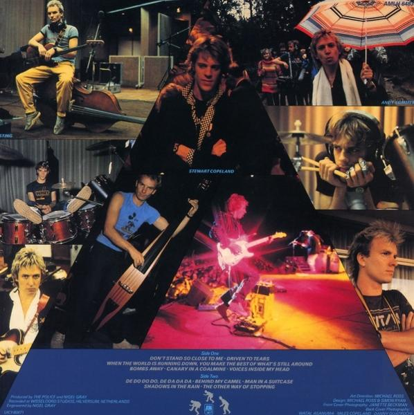 Pochette d'album avec membres du groupe en images séparées, liste des titres en bas, noms des membres.