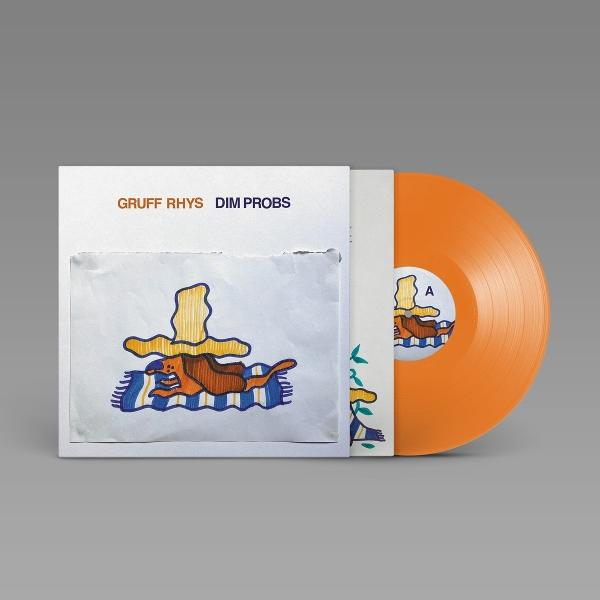 Albumcover für Gruff Rhys DIM PROBS. Zeigt orangefarbenes Vinyl, Cover-Art eines Hundes auf einem Teppich. Der Hintergrund ist ein grauer Farbverlauf.