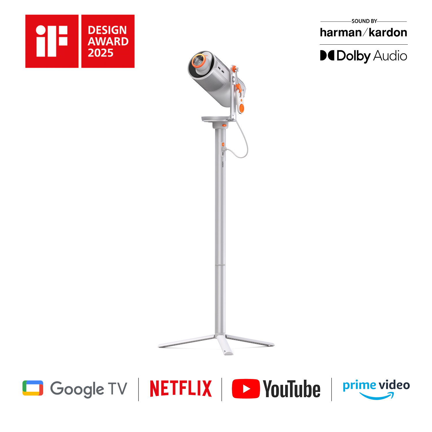Bir stand üzerinde bir projektör. 'iF Design Award 2025' logosu ve Harman Kardon, Dolby Audio, Google TV, Netflix, YouTube ve Prime Video markaları bulunmaktadır.