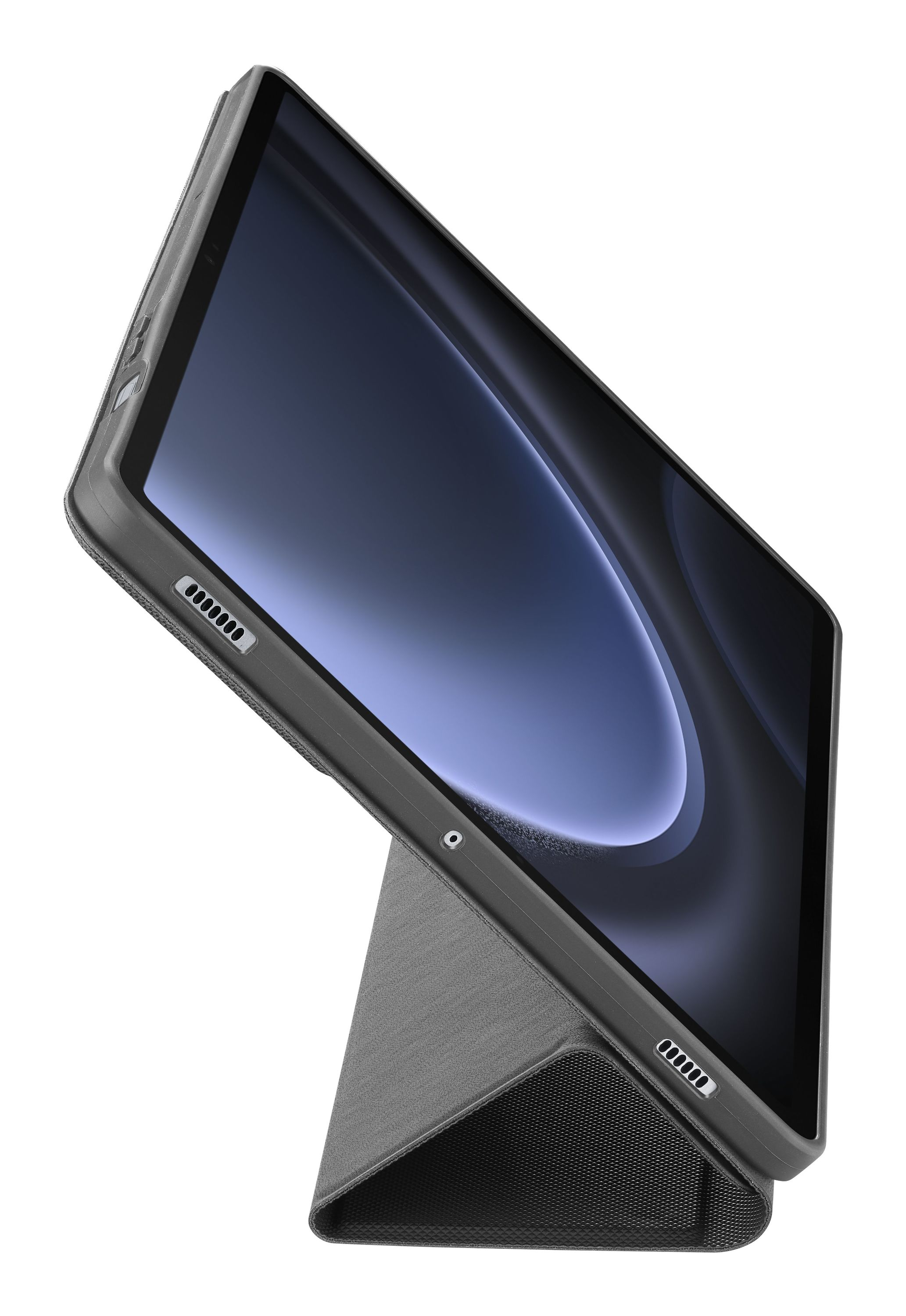 Gri kılıf içinde tablet, desteklenmiş. Ekran, ışık yansımalarıyla karanlık. Kılıf açılı.