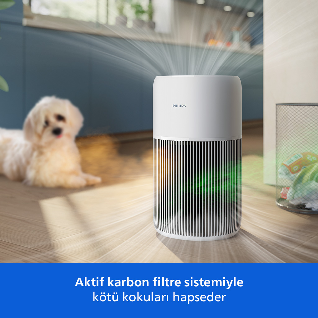 Philips logolu beyaz hava temizleyici. Arka planda bir köpek var. Hava üst kısımdan çıkıyor. Sağda bir çöp kutusu var.