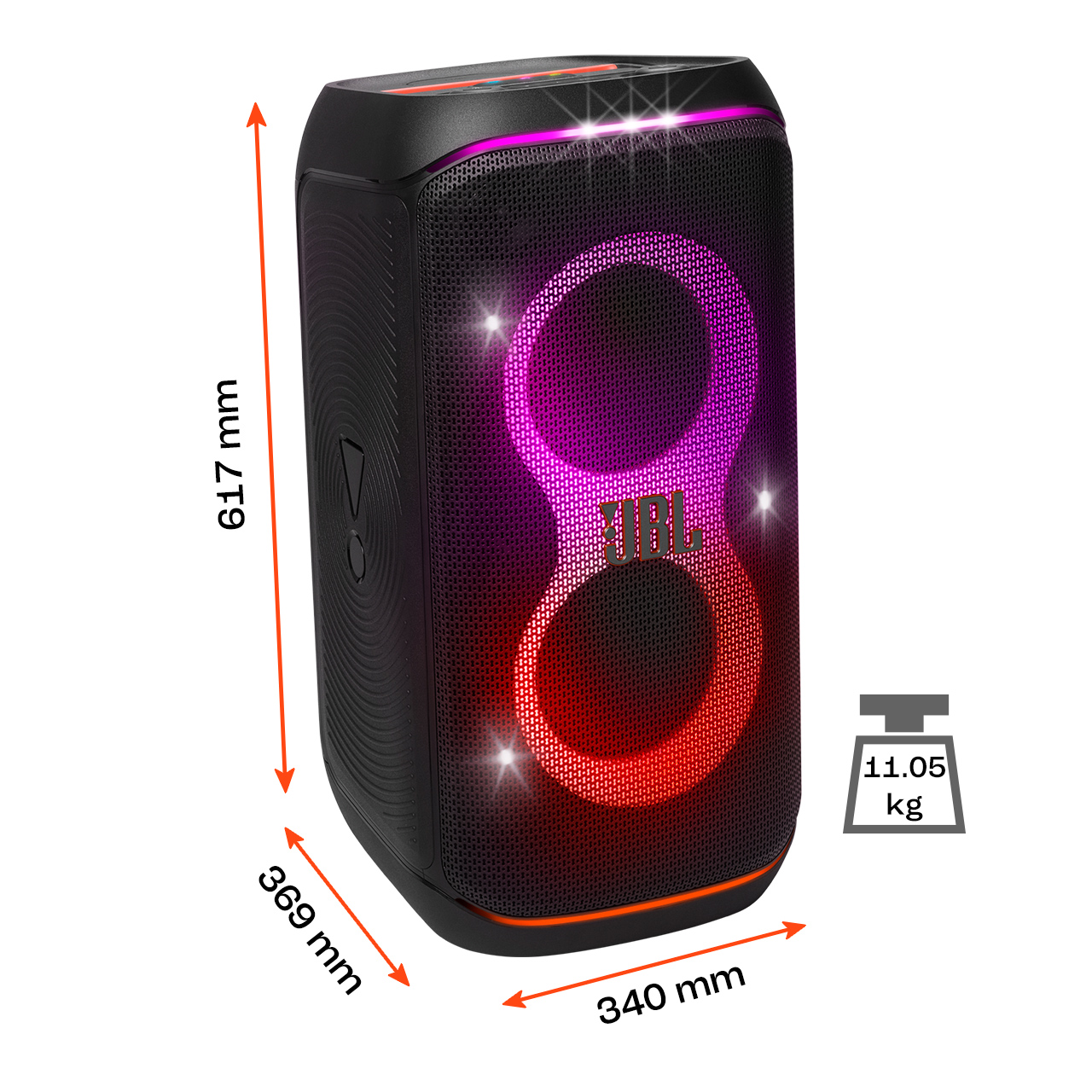 Schwarzer JBL-Lautsprecher mit Abmessungen und Gewichtsangaben. Er hat rot-violett leuchtende Lichter.