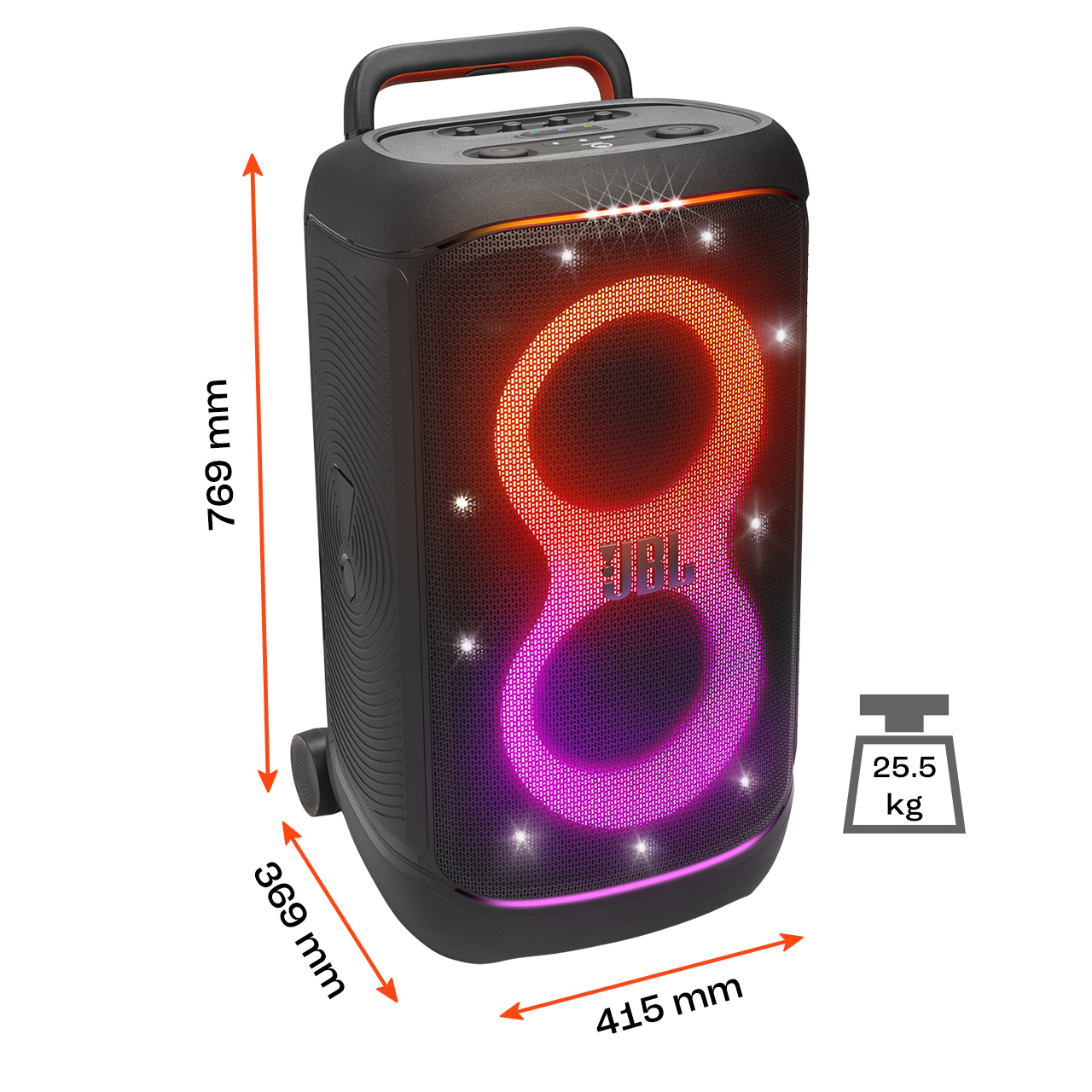 Schwarzer JBL-Lautsprecher mit roten und lila Lichtern. Abmessungen: 769 mm x 415 mm x 369 mm. Gewicht: 25,5 kg. Griff oben.