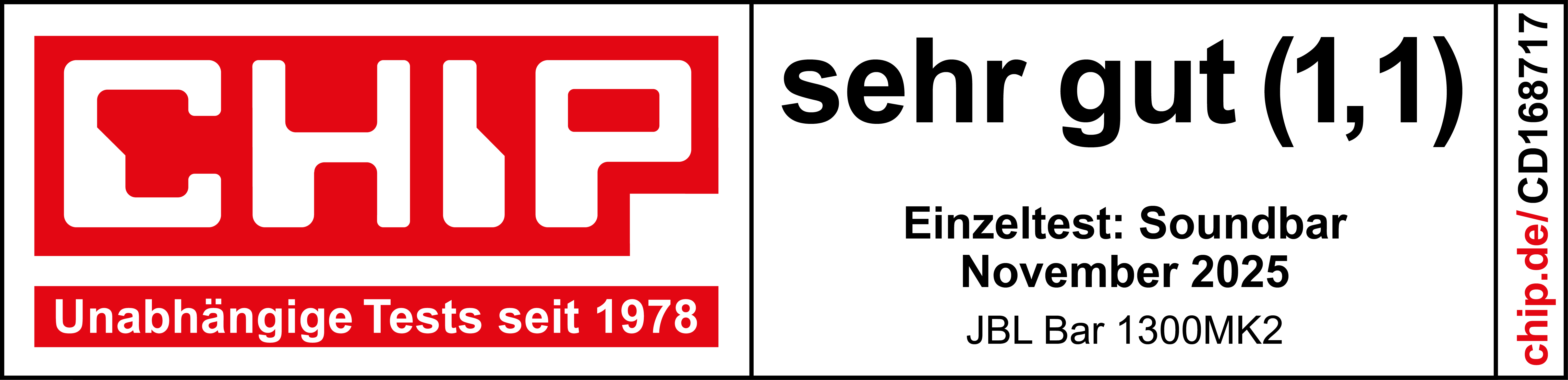 Das Bild zeigt ein rot-weißes Logo mit Text und die Bewertung 'sehr gut (1,1)'. Der Text erwähnt eine Soundbar.