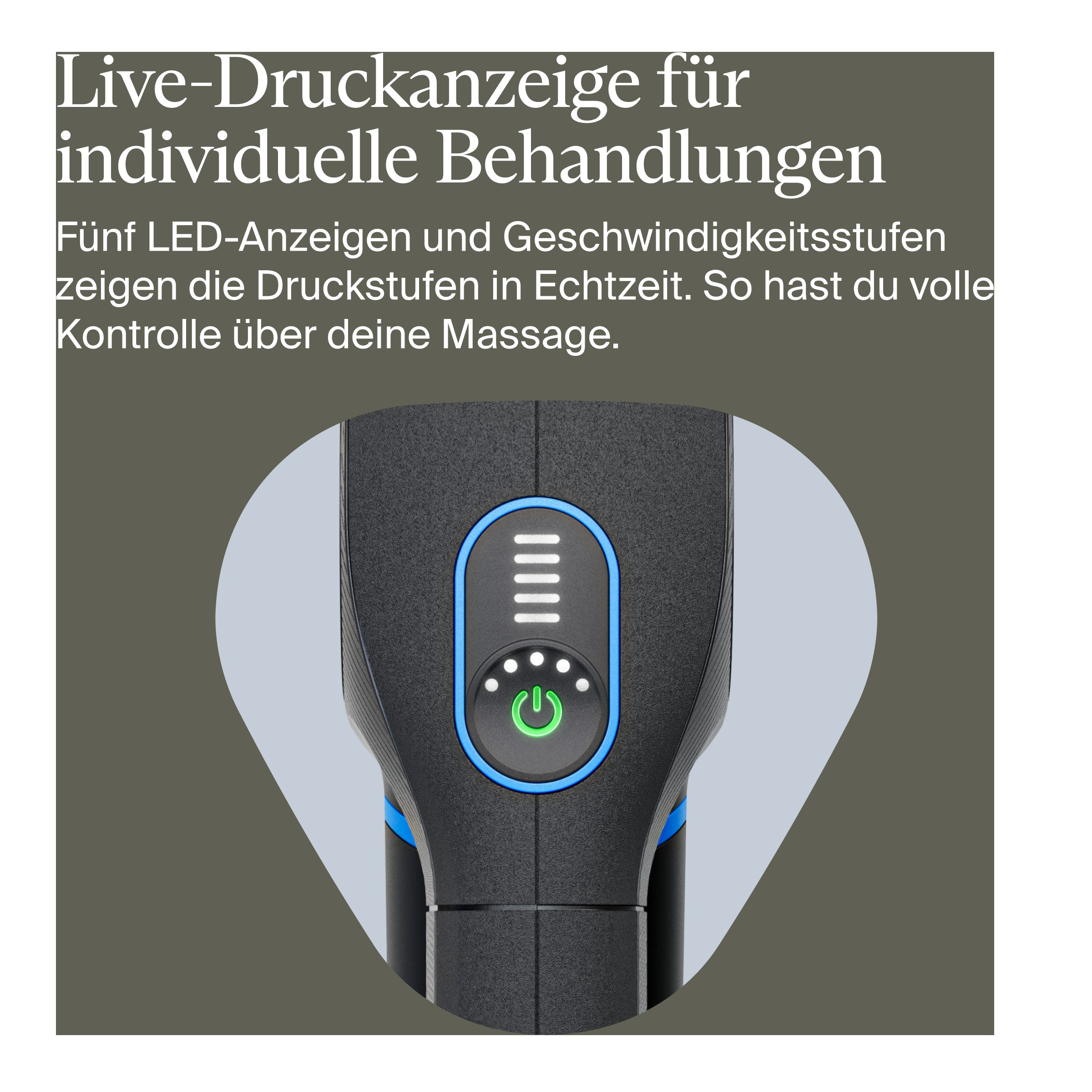 Nahaufnahme eines schwarzen Geräts mit blauem und grünem Power-Knopf und weißen LED-Anzeigen.