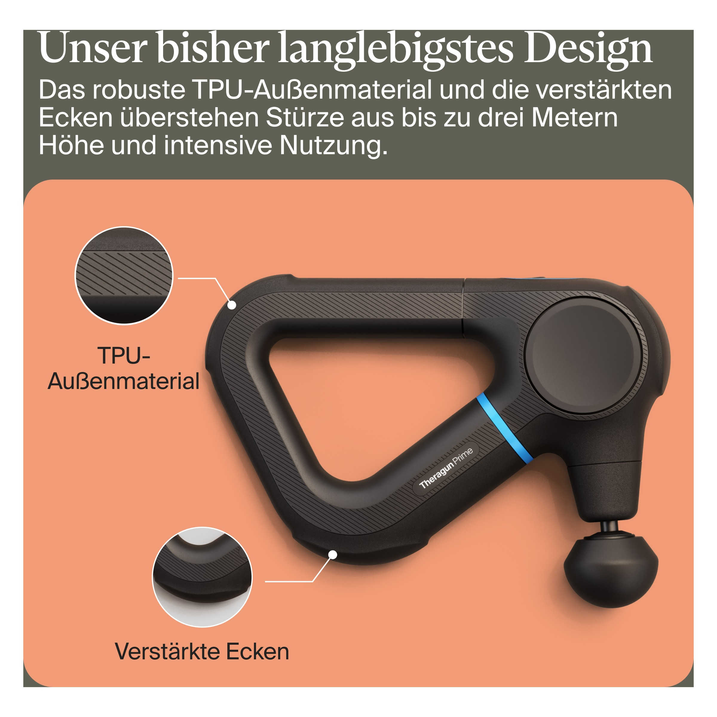Schwarze Massagepistole auf orangefarbenem Hintergrund. Details umfassen TPU-Material und verstärkte Ecken.
