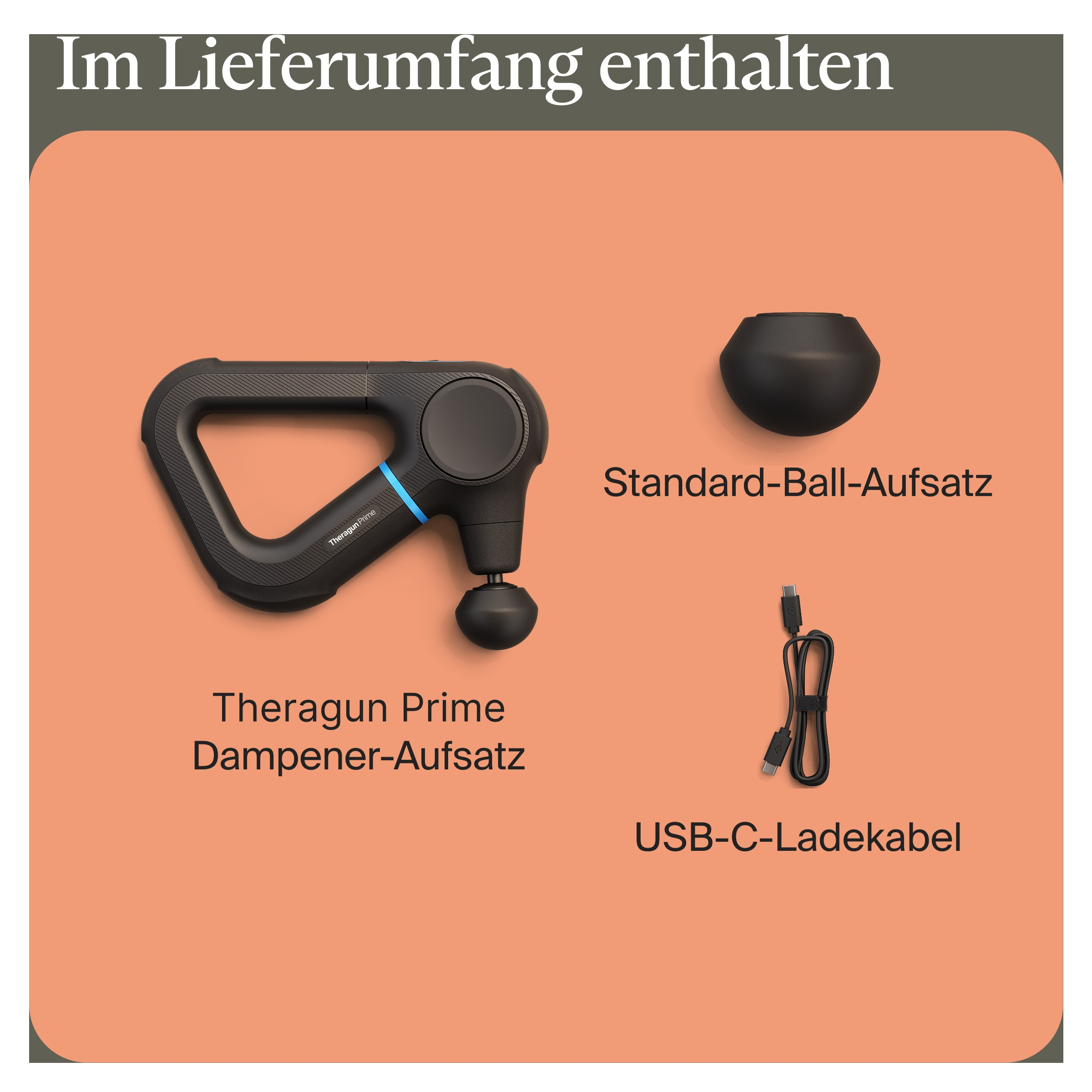 Das Bild zeigt eine schwarze Massagepistole, einen Kugelaufsatz und ein USB-C-Kabel auf orangefarbenem Hintergrund.