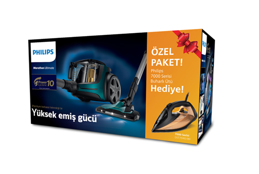 Elektrikli süpürge ve ütü içeren kutu. Philips markası. Metin: Özel Paket!, Yüksek emiş gücü. Kırmızı kurdele içerir.