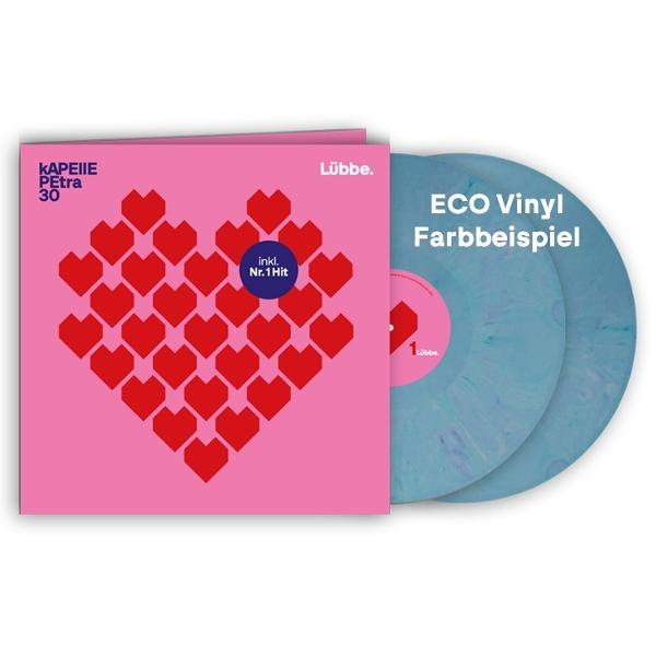 Rosa Albumcover mit roten Herzen in Herzform. Blaue Schallplatten rechts. Text: ECO Vinyl. Farbbeispiel.