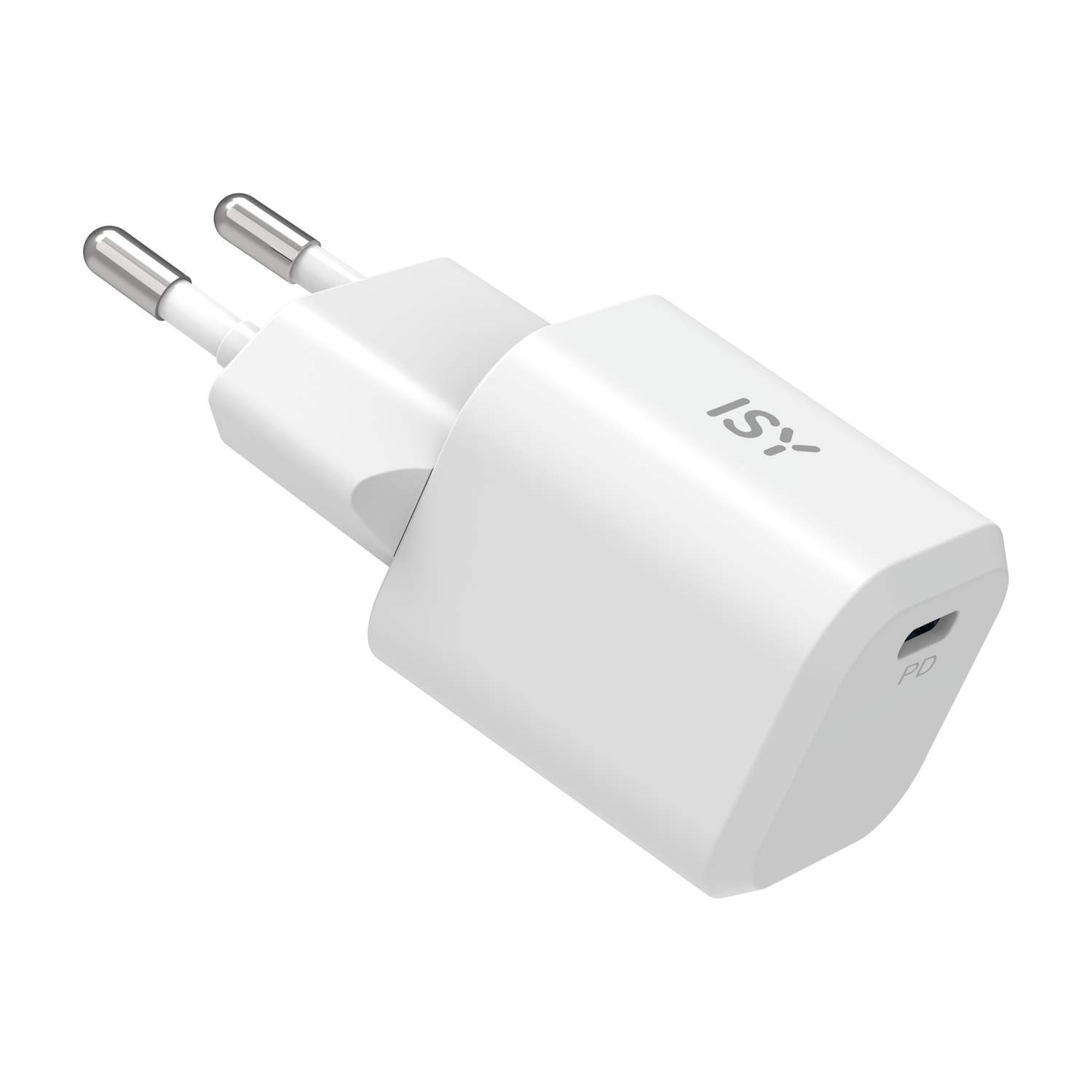 Un caricatore ISY PD bianco con due pin argentati. Il caricatore ha una porta USB-C. Il logo ISY è visibile.