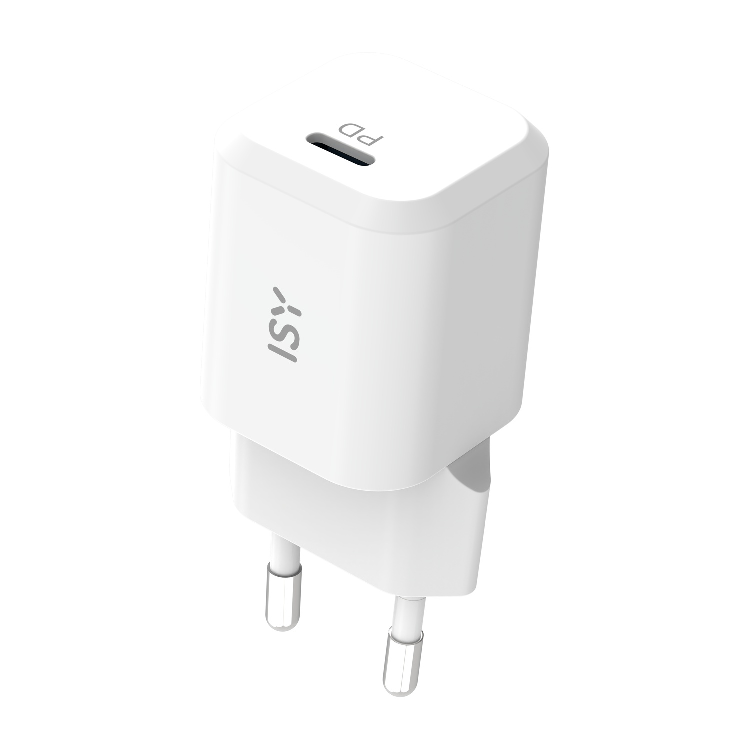 Un caricabatterie ISY PD bianco. Ha due spine per la presa e una porta USB-C. Il logo ISY è visibile.