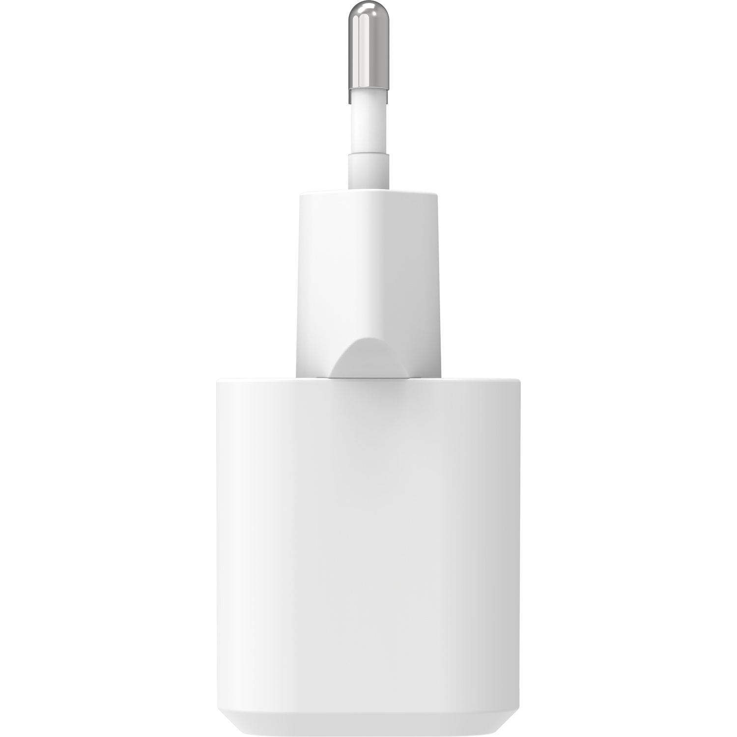 Un caricabatterie Apple bianco con la parte superiore color argento. Ha una base rettangolare e una spina cilindrica.