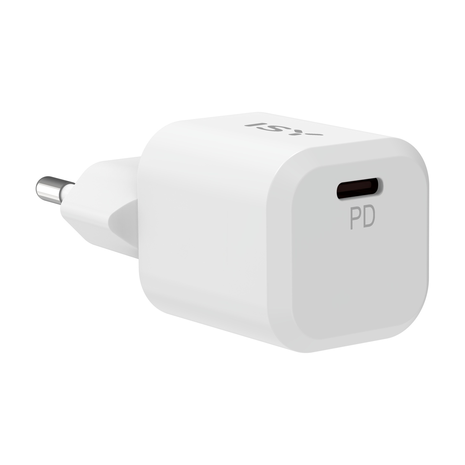 Un adattatore di alimentazione bianco con spina a sinistra e porta USB-C frontale con etichetta PD. Sfondo bianco.