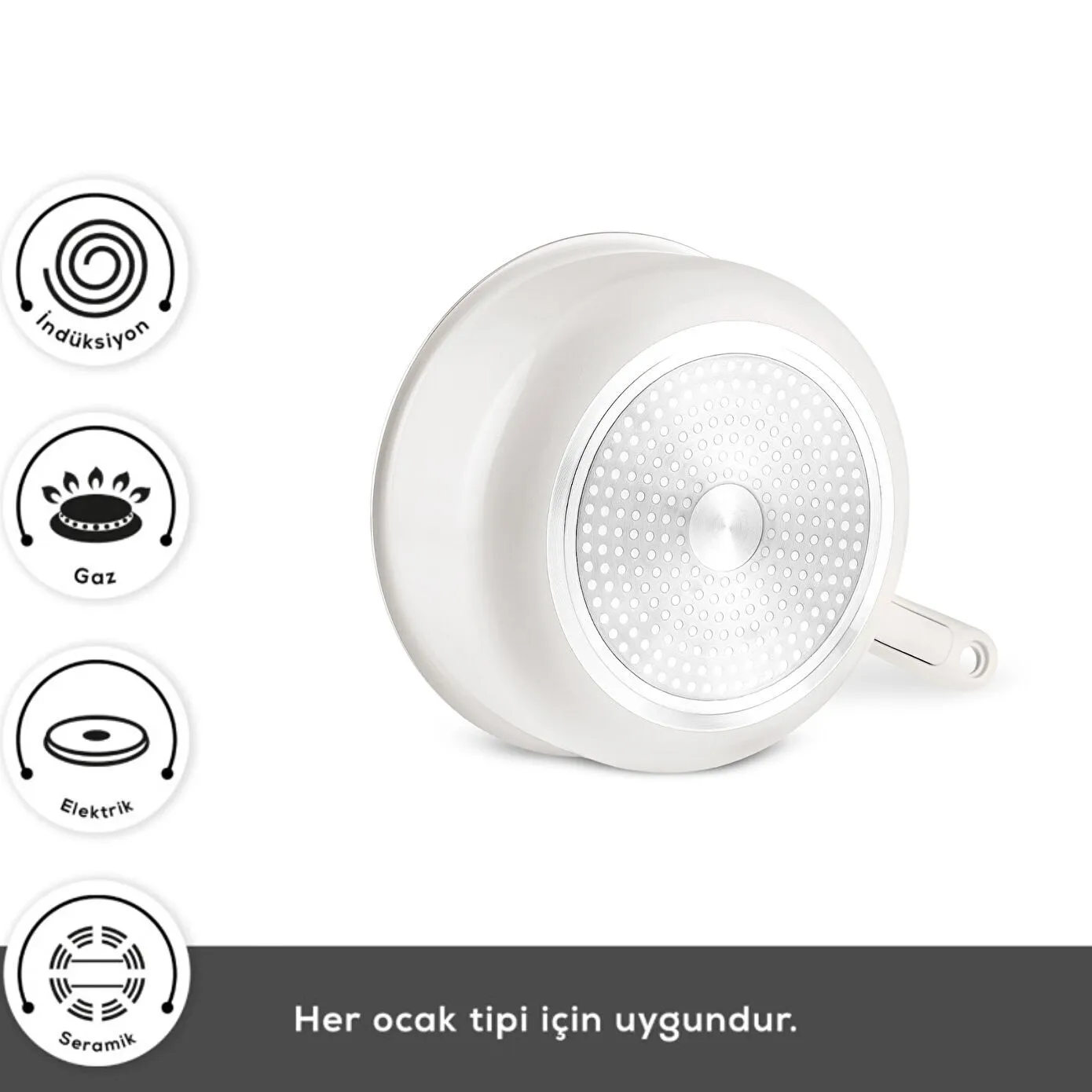 Gri tabanlı beyaz bir tencerenin alt kısmı, farklı ocak tipleriyle uyumluluğu gösteren semboller ve metin ile birlikte gösterilir.
