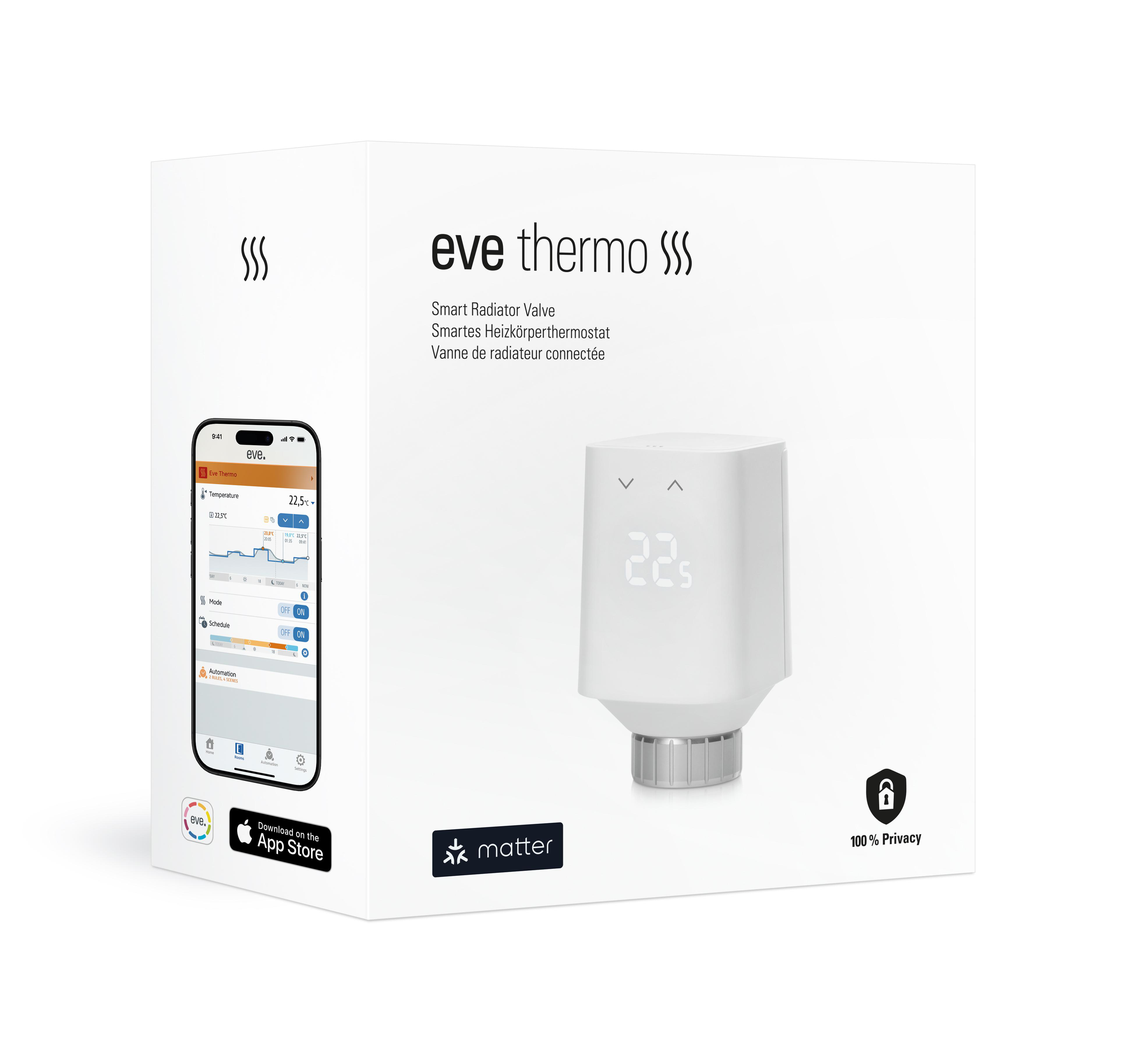 Weiße Schachtel mit Produktbild, Telefonanzeige und Text. Produkt ist Eve Thermo Smart-Heizkörperventil.