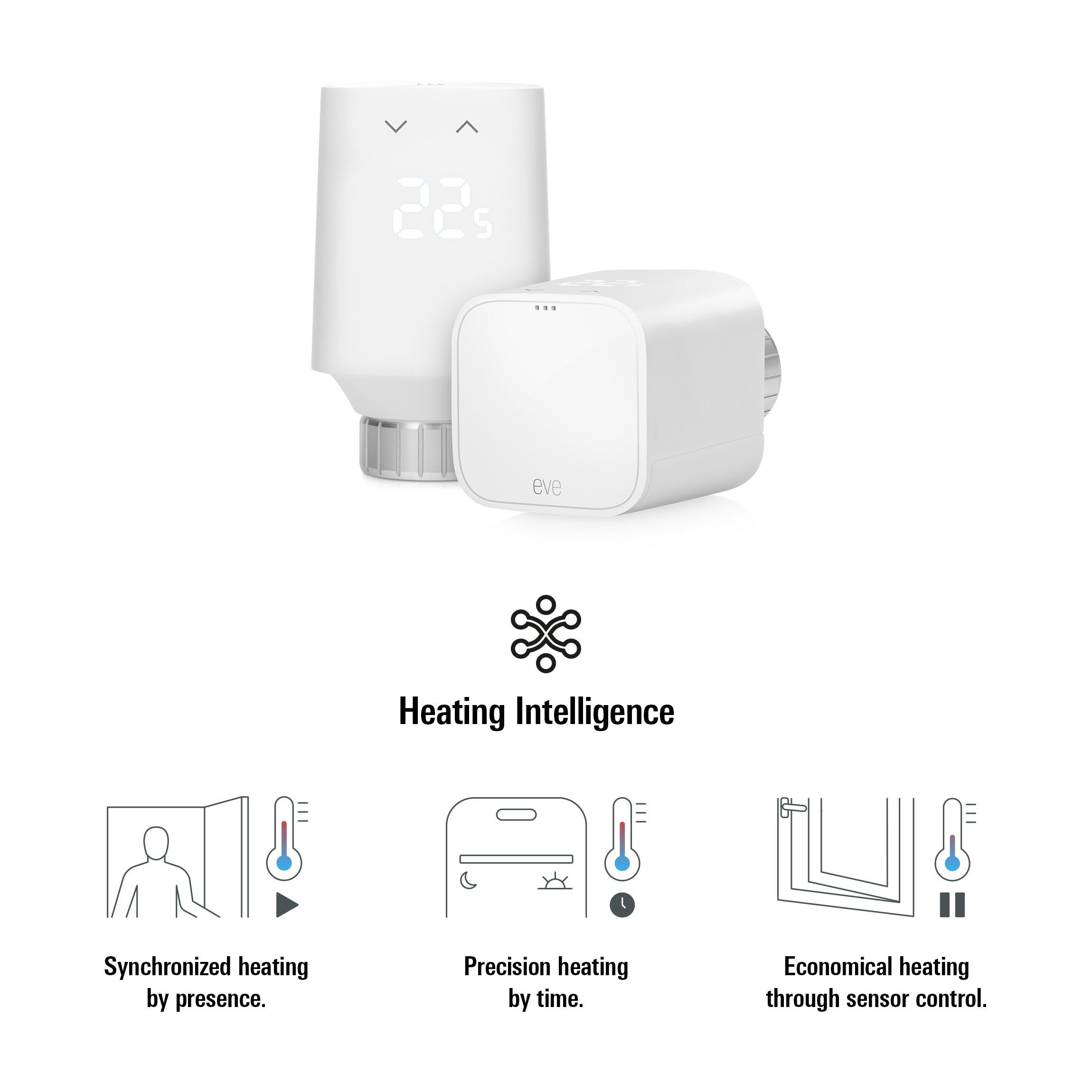 Weißer intelligenter Thermostat, zeigt 22 Grad an. Zu den Funktionen gehören Heizungsintelligenz und Sensorensteuerung.