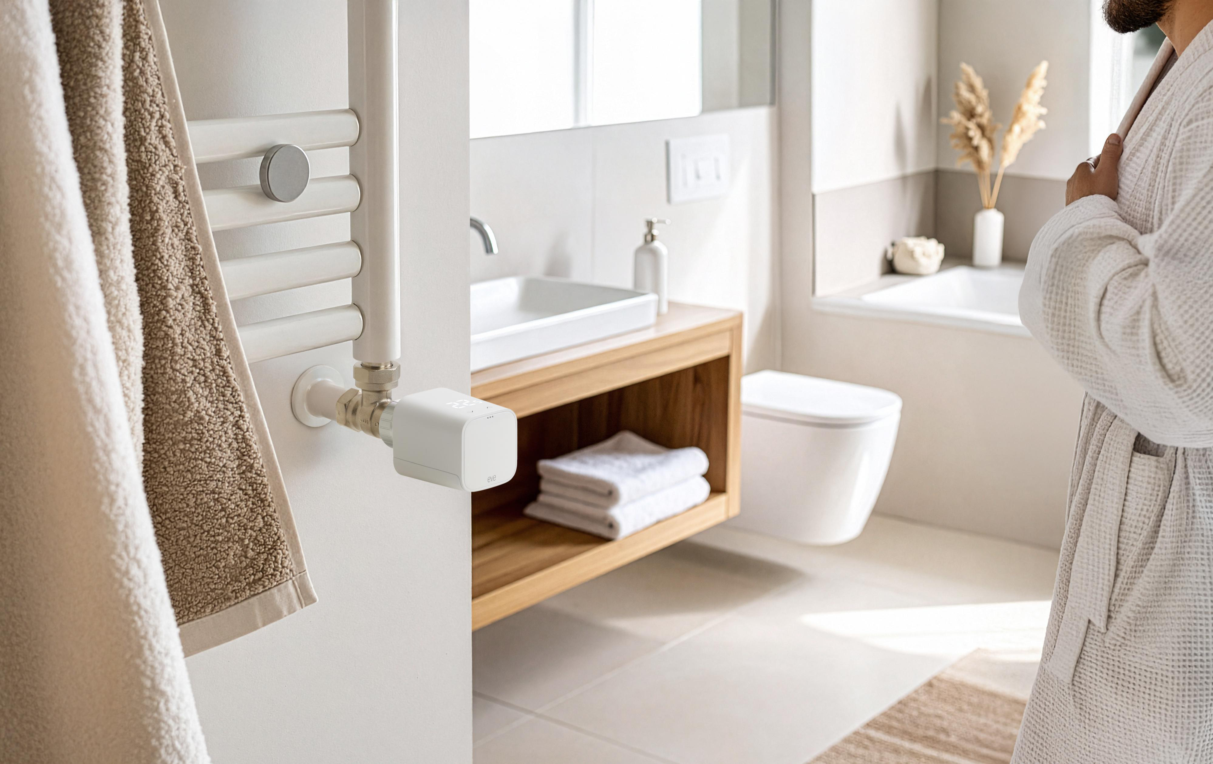 Badezimmer-Szene: Handtücher auf einem Gestell, Person im Bademantel, Waschbecken, Toilette und Heizkörper. Neutrale Farben.