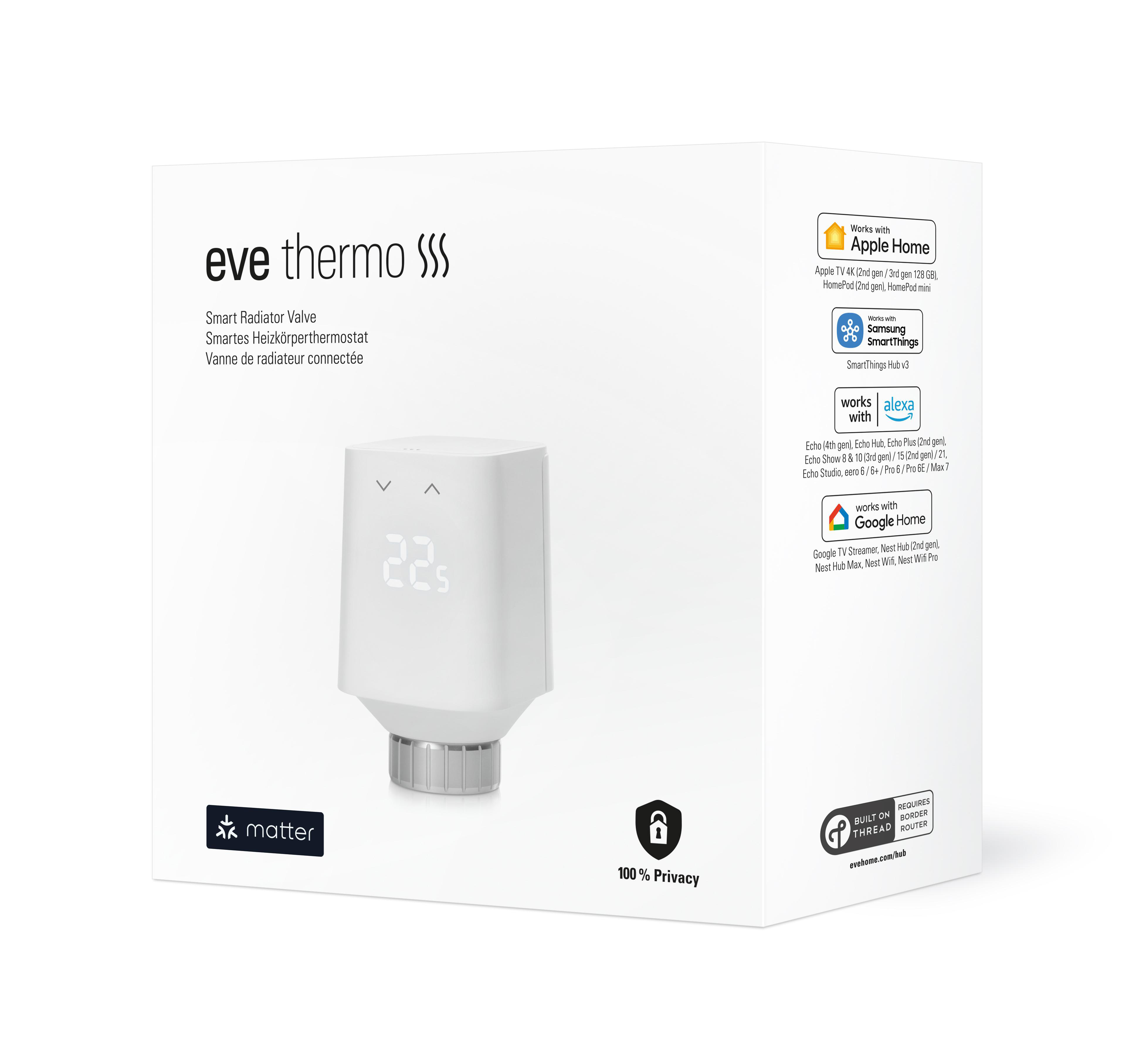 Weißes Eve-Thermo-Smart-Heizkörperventil mit Digitalanzeige, die 22 anzeigt. Die Box hat Logos unterstützter Smart-Home-Plattformen.