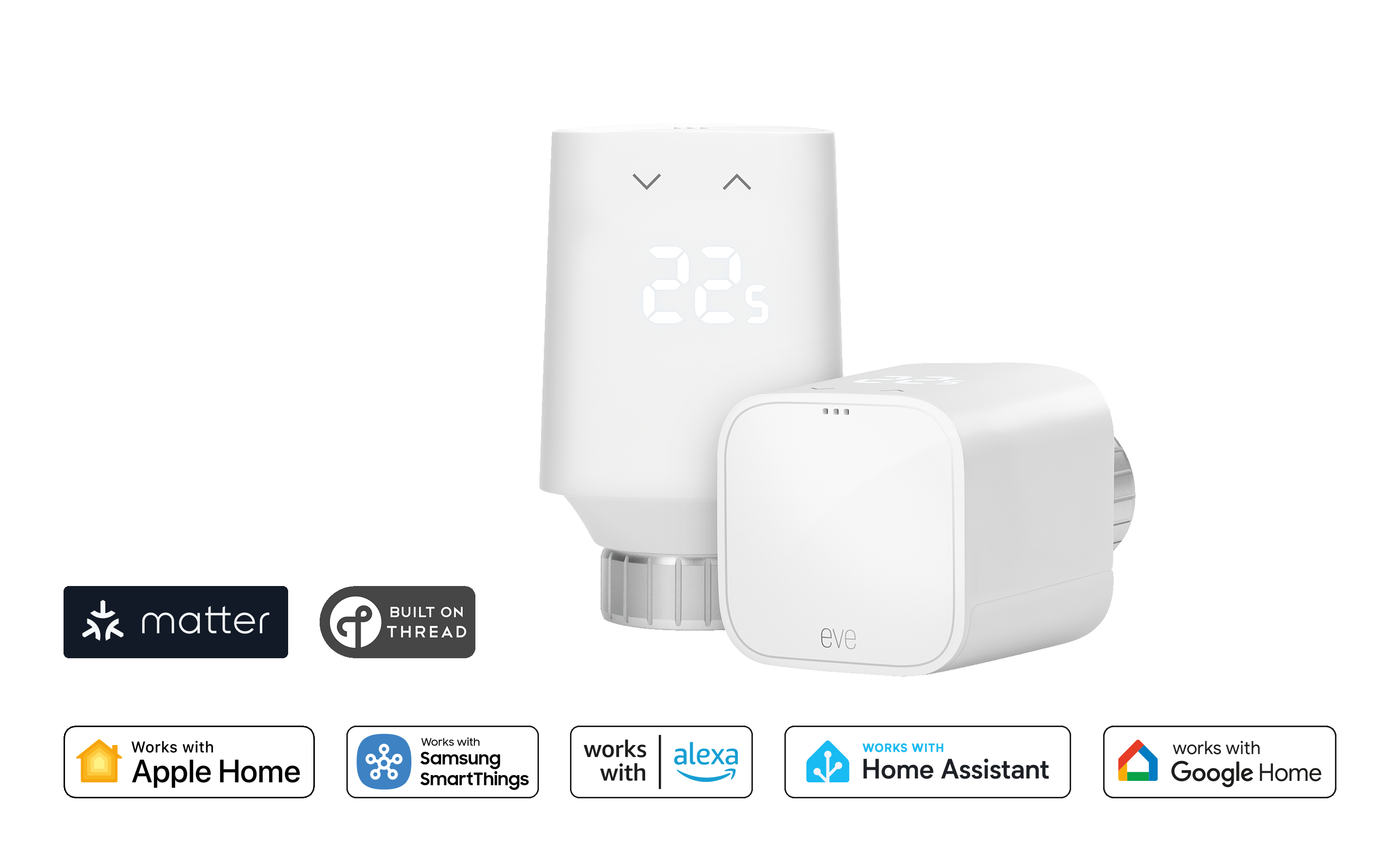 Ein weißer intelligenter Thermostat mit digitaler Anzeige von 22,5. Enthält Logos für Apple Home, Alexa und Google Home.