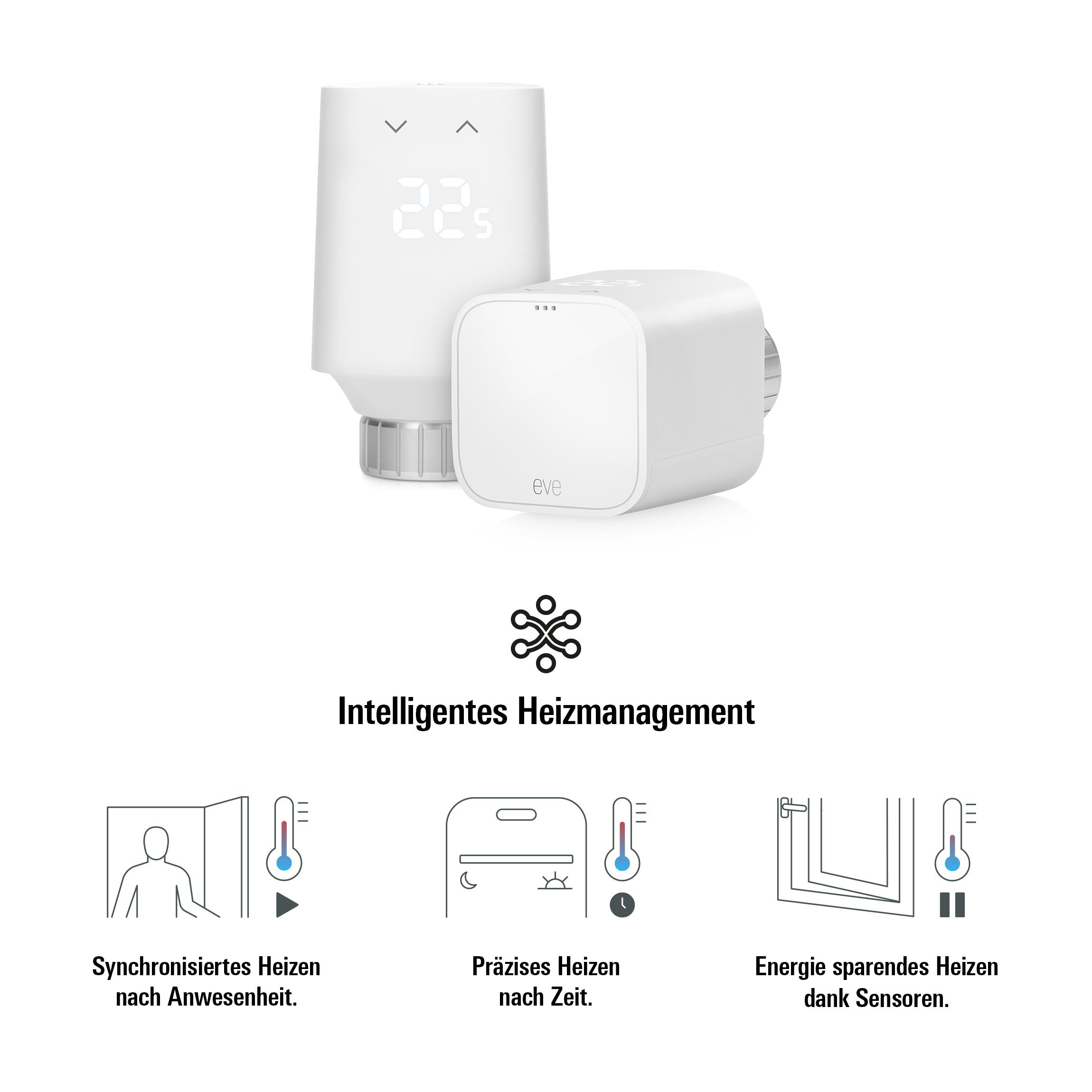 Weißes intelligentes Thermostat und Steuereinheit. Symbole für intelligentes Heizungsmanagement unten.