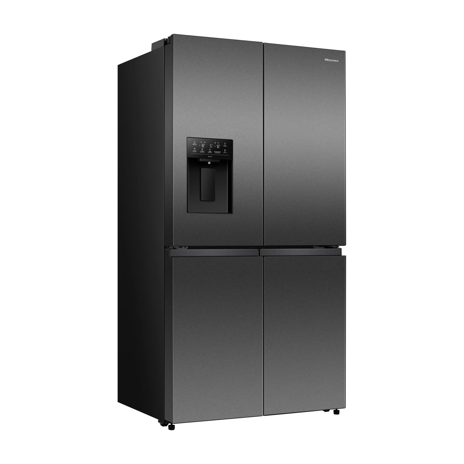 Un frigorifero nero Hisense con quattro porte, display digitale e dispenser di acqua, su sfondo bianco.