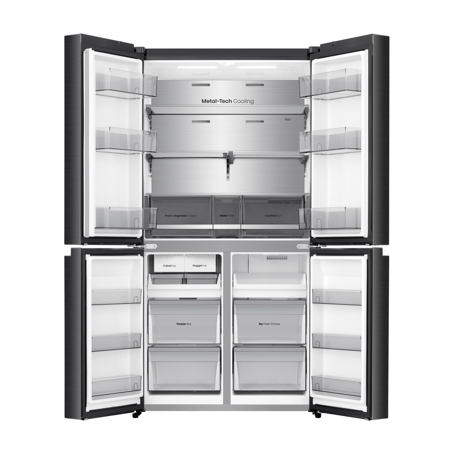 Frigorifero nero aperto con più scomparti. Etichette: Metal-Tech Cooling, Contenitore frutta e verdura, Serbatoio acqua, Cool Fresh Box, Ghiaccio a cubetti.