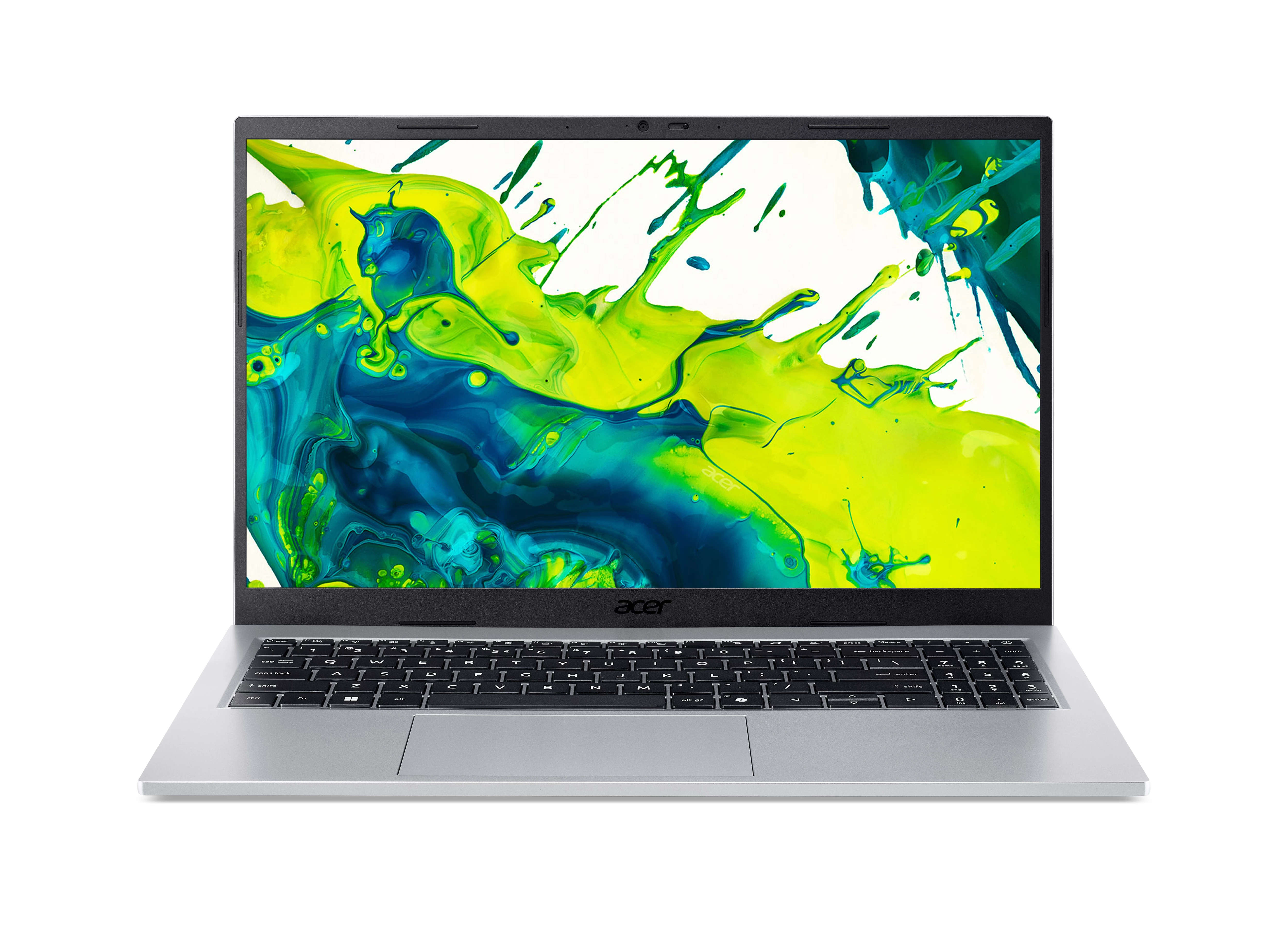 Zilveren Acer-laptop open, met kleurrijk abstract ontwerp. Toetsenbord zichtbaar. Witte achtergrond.
