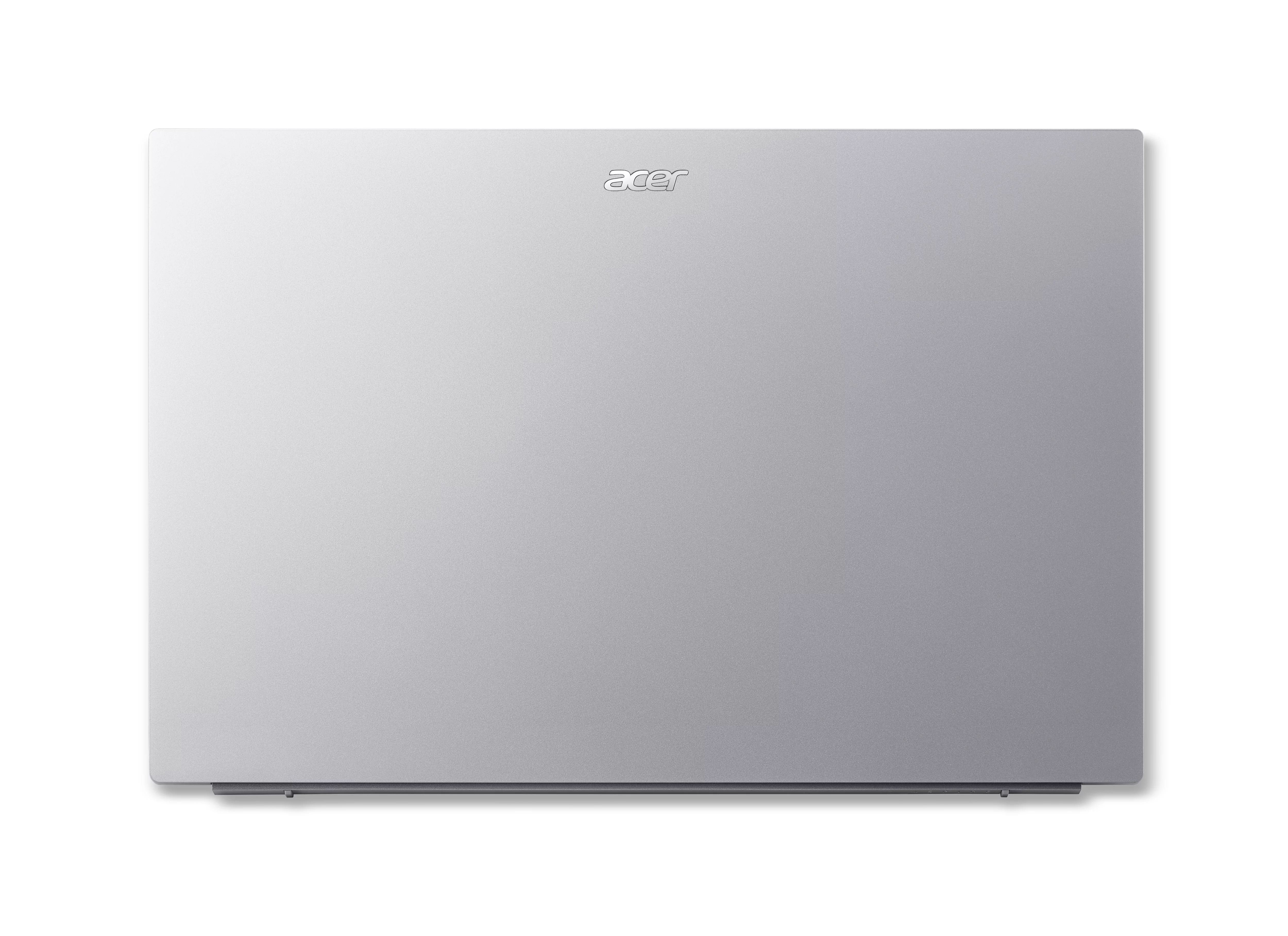 De bovenkant van een zilveren laptop wordt weergegeven, met het Acer-logo in het midden bovenaan. De achtergrond is wit.