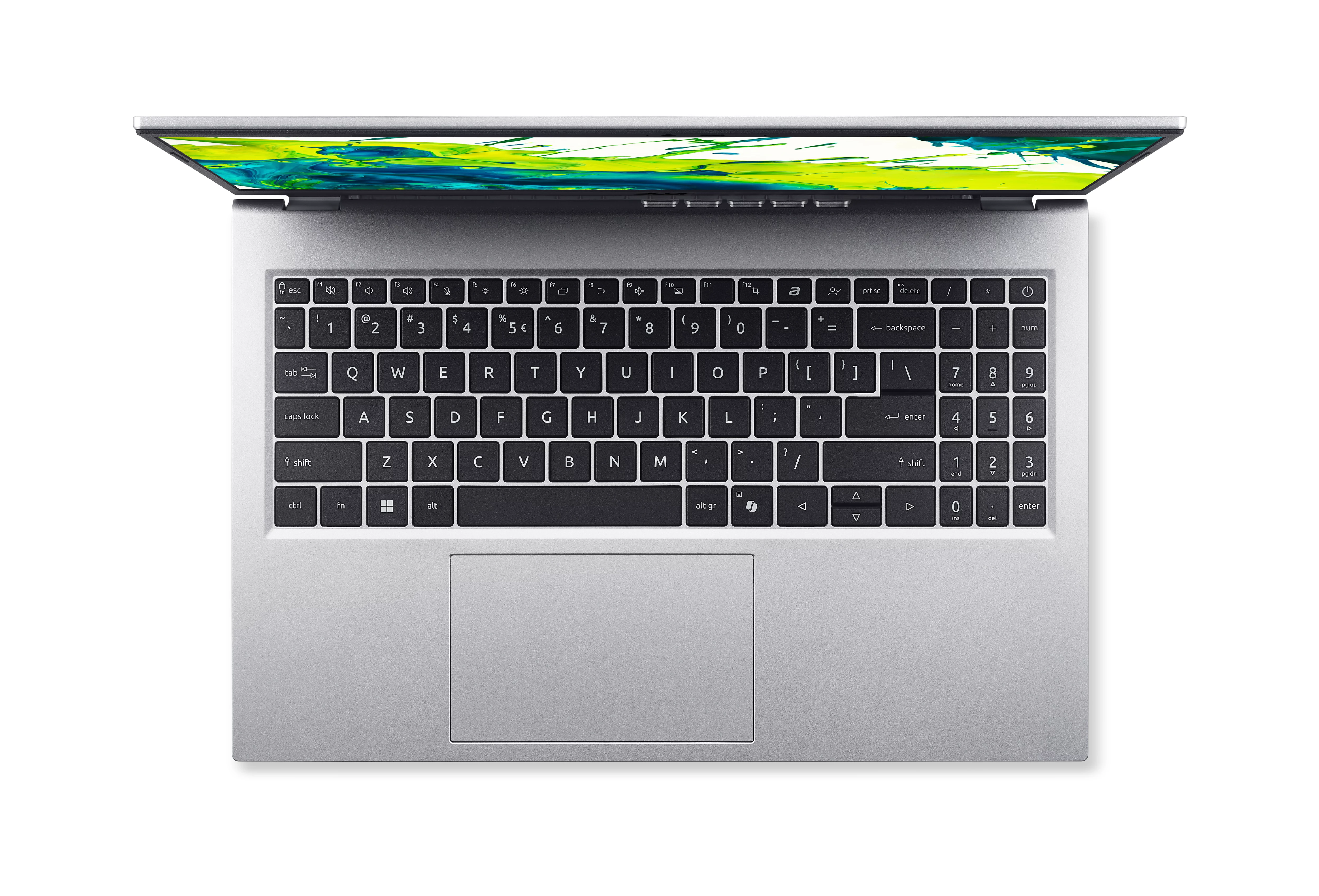 Bovenaanzicht van een zilveren laptop met het scherm open, met een kleurrijk beeld, en het toetsenbord is zichtbaar.