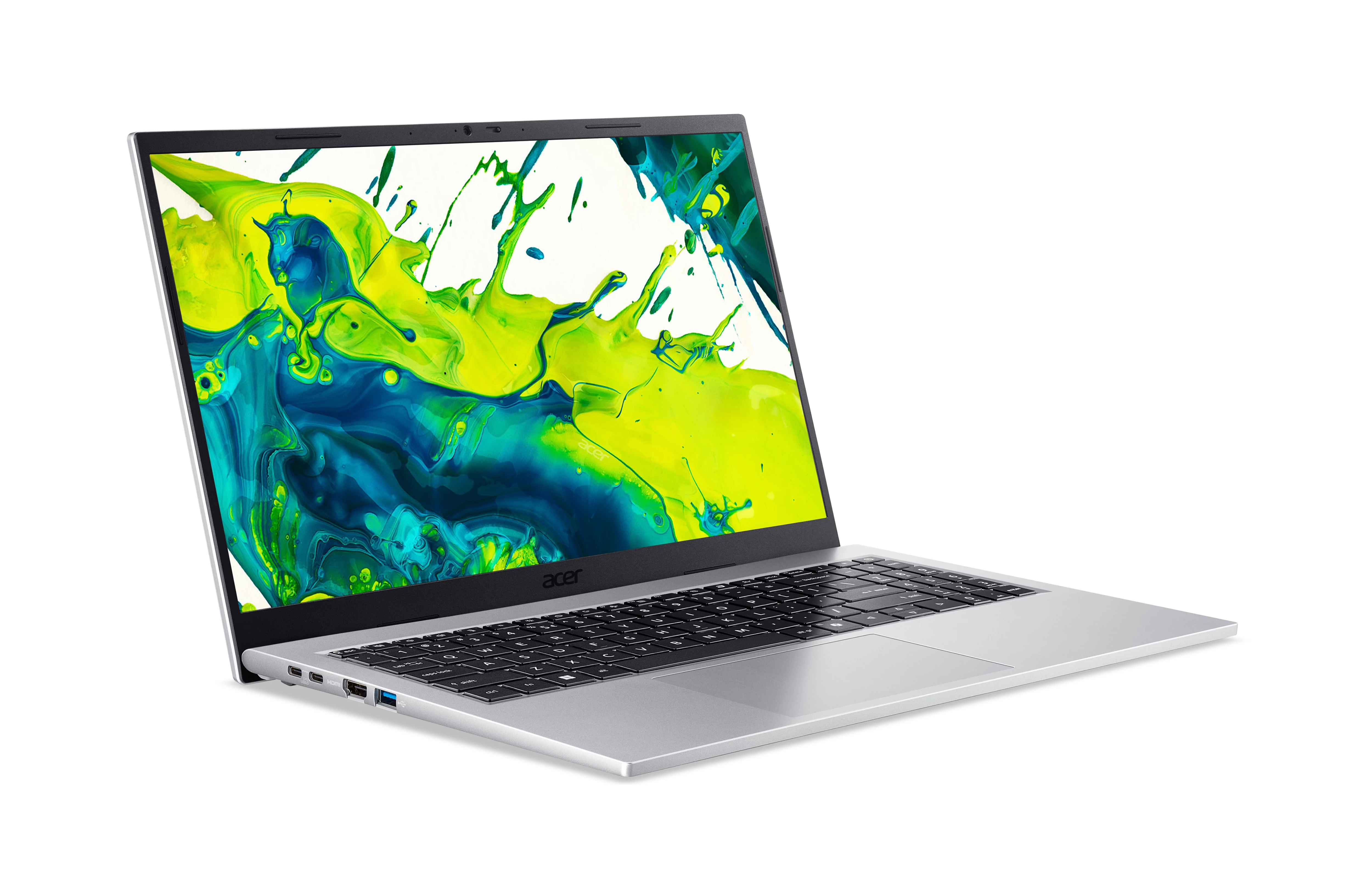 Zilveren Acer-laptop open, scherm toont groene en blauwe verfspetters, zwart toetsenbord, witte achtergrond.