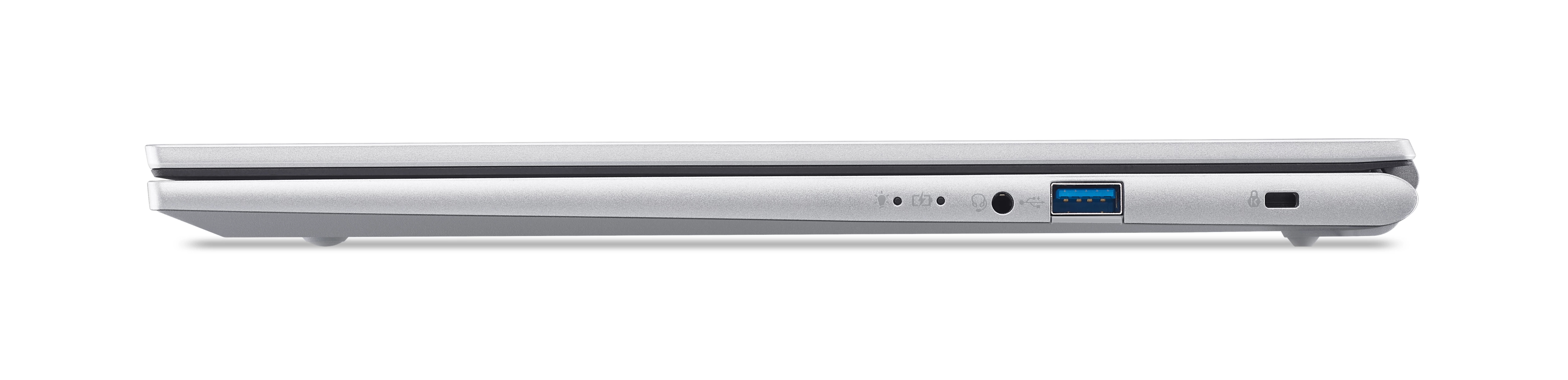 Zijaanzicht van een zilveren laptop. Poorten zijn o.a. USB, koptelefoonaansluiting en oplaadpoort.