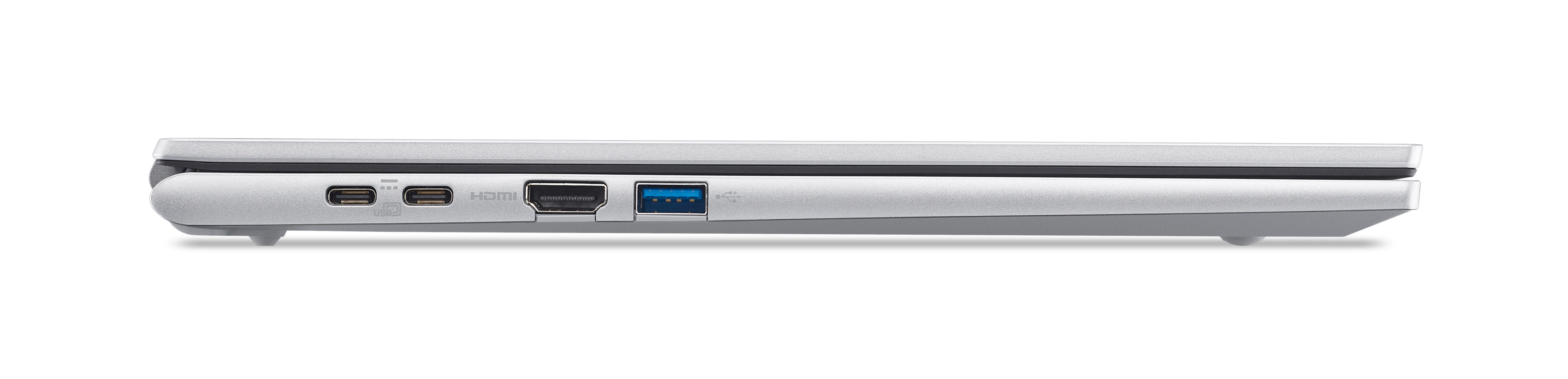 Zijaanzicht van een zilveren laptop. Zichtbare poorten zijn USB, HDMI en USB-C. Witte achtergrond.