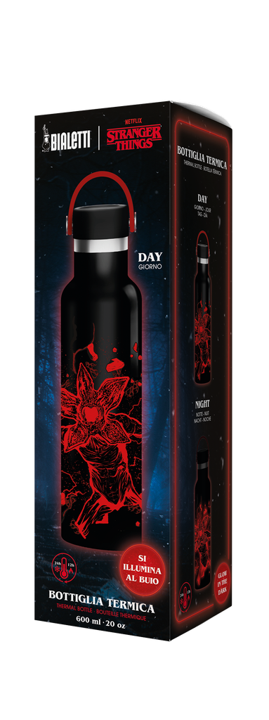 Schwarze Stranger Things Wasserflasche in einer Box. Sie leuchtet im Dunkeln. Rotes Demogorgon-Design. Tag- und Nachtversionen.