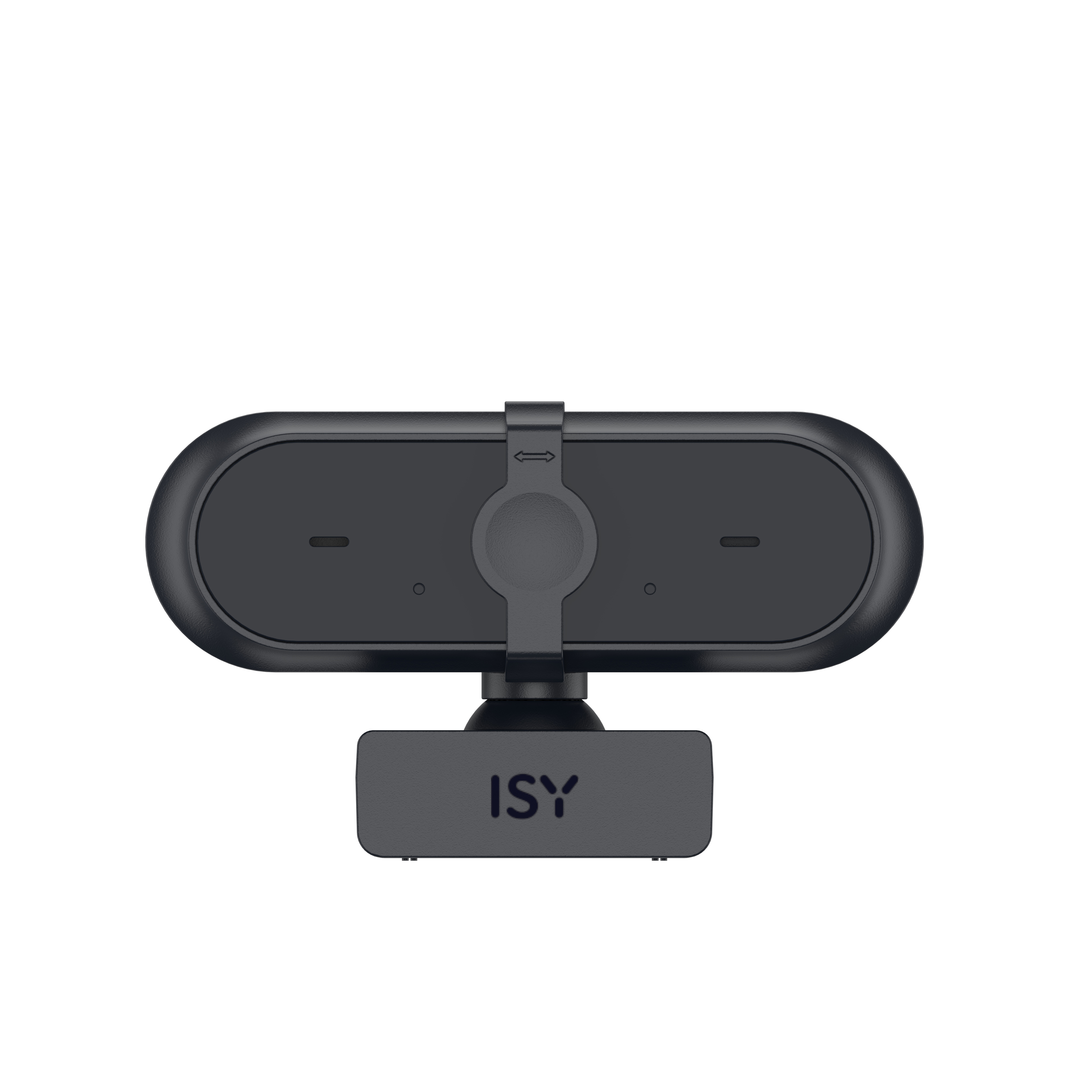 Eine schwarze Webcam mit abgerundeter rechteckiger Form, einem Ständer und den Buchstaben ISY vorne.